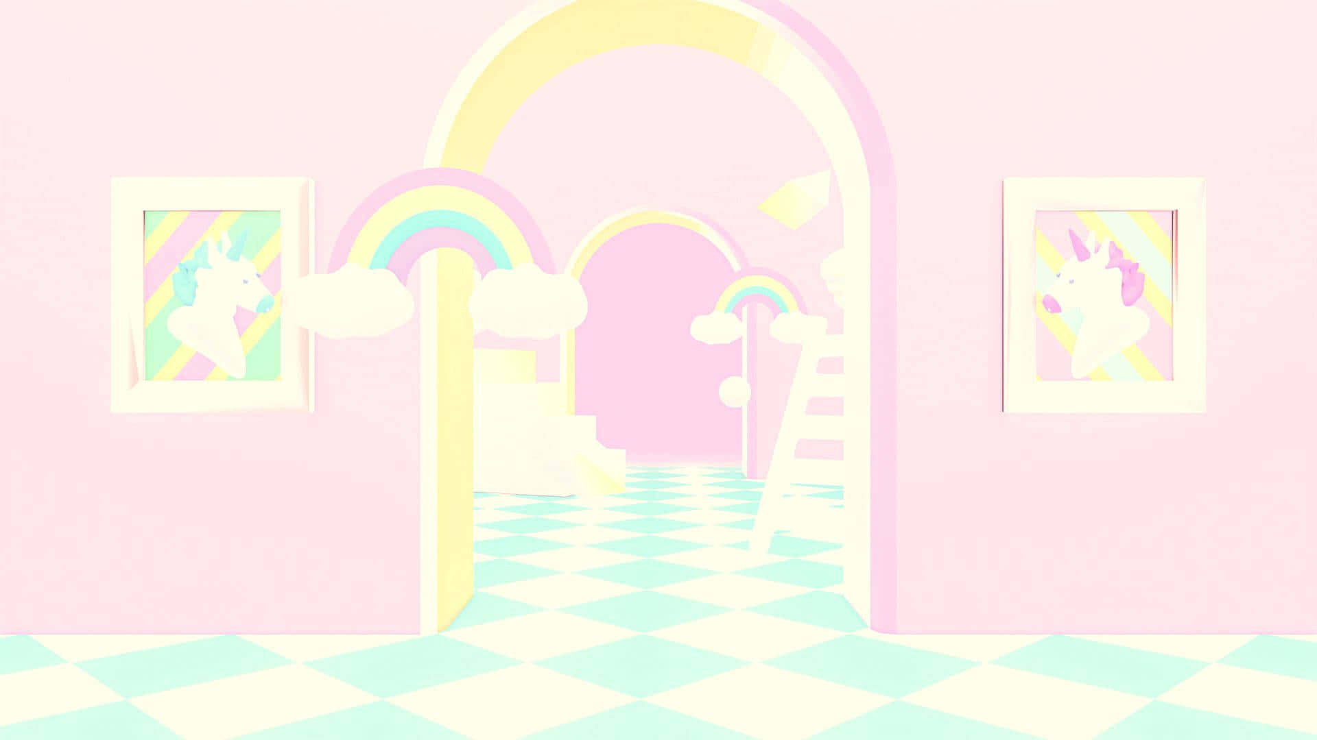 pastel pink room, checkered floor, rainbow arches, Full HD Desktop Wallpaper
