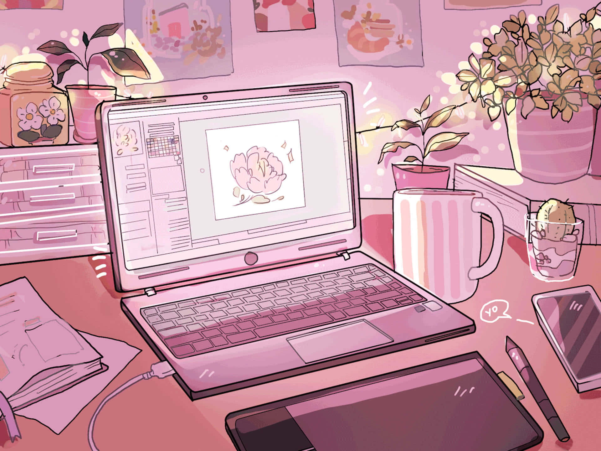pastel pink, artist workspace, laptop, Full HD Desktop Wallpaper