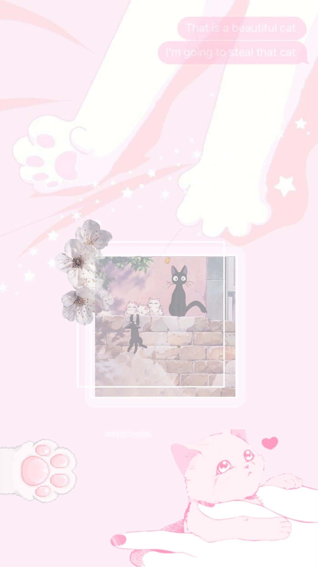 pastel pink, cartoon cats, paw prints, Full HD Phone Wallpaper