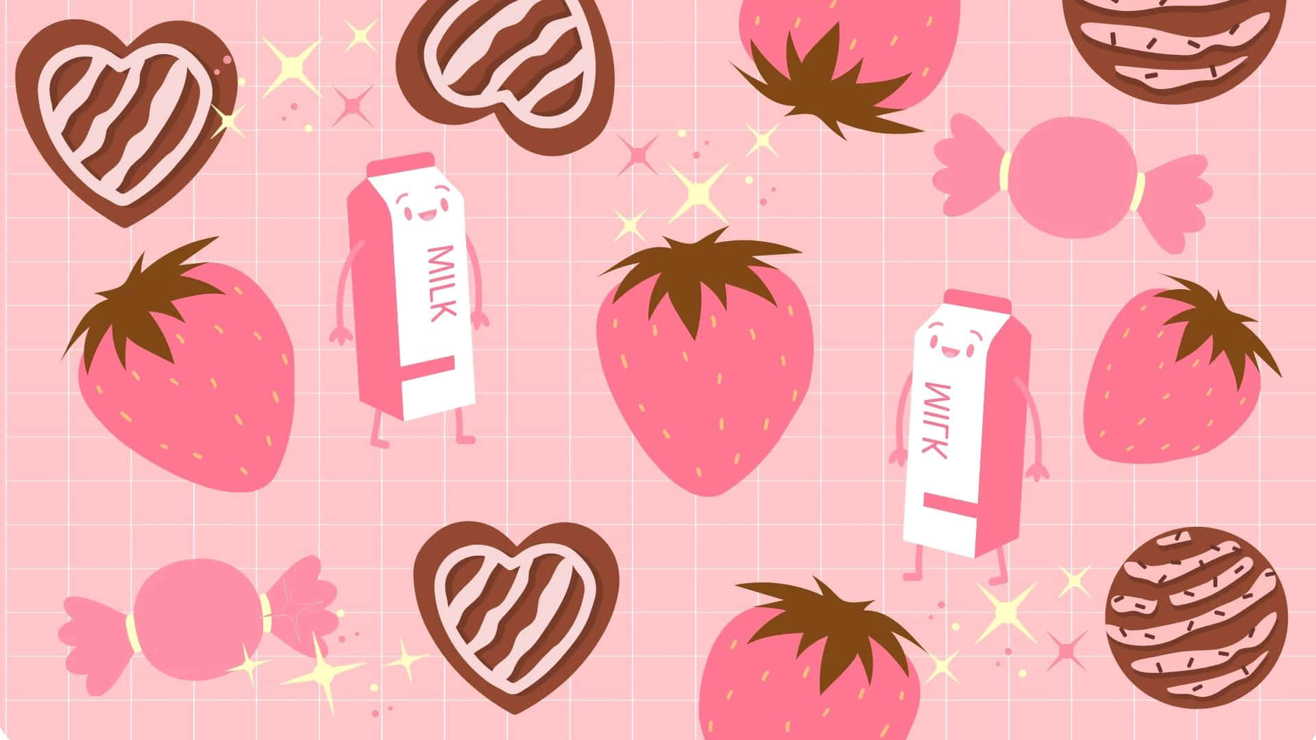 kawaii pastel pink aesthetic pattern, smiling milk cartons, strawberries, Full HD Desktop Wallpaper