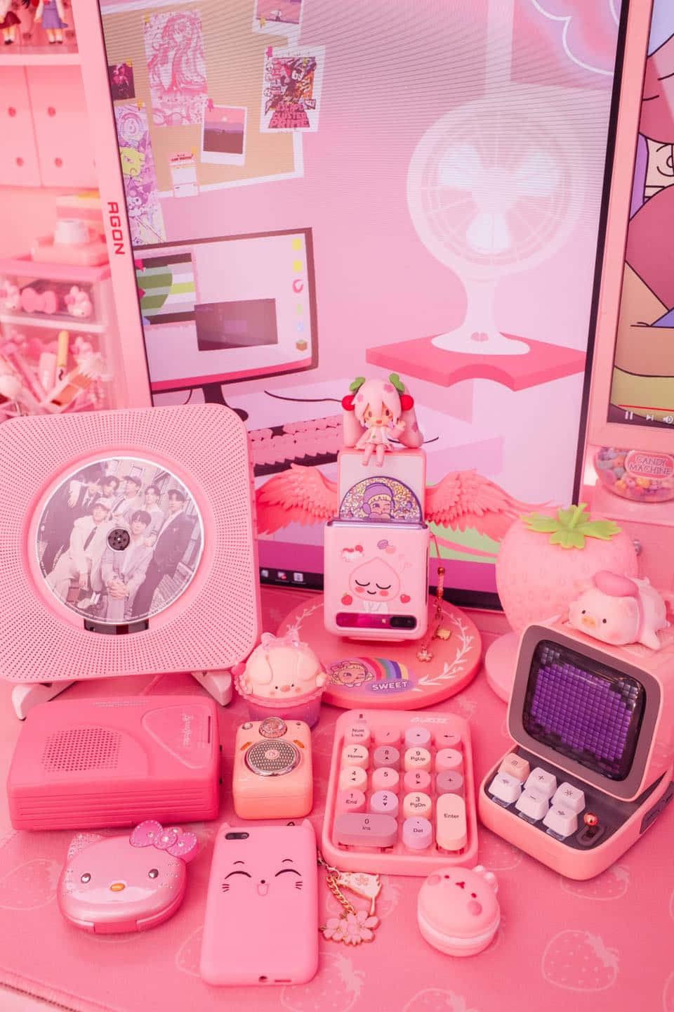 pastel pink, kawaii, desk setup, HD Phone Wallpaper