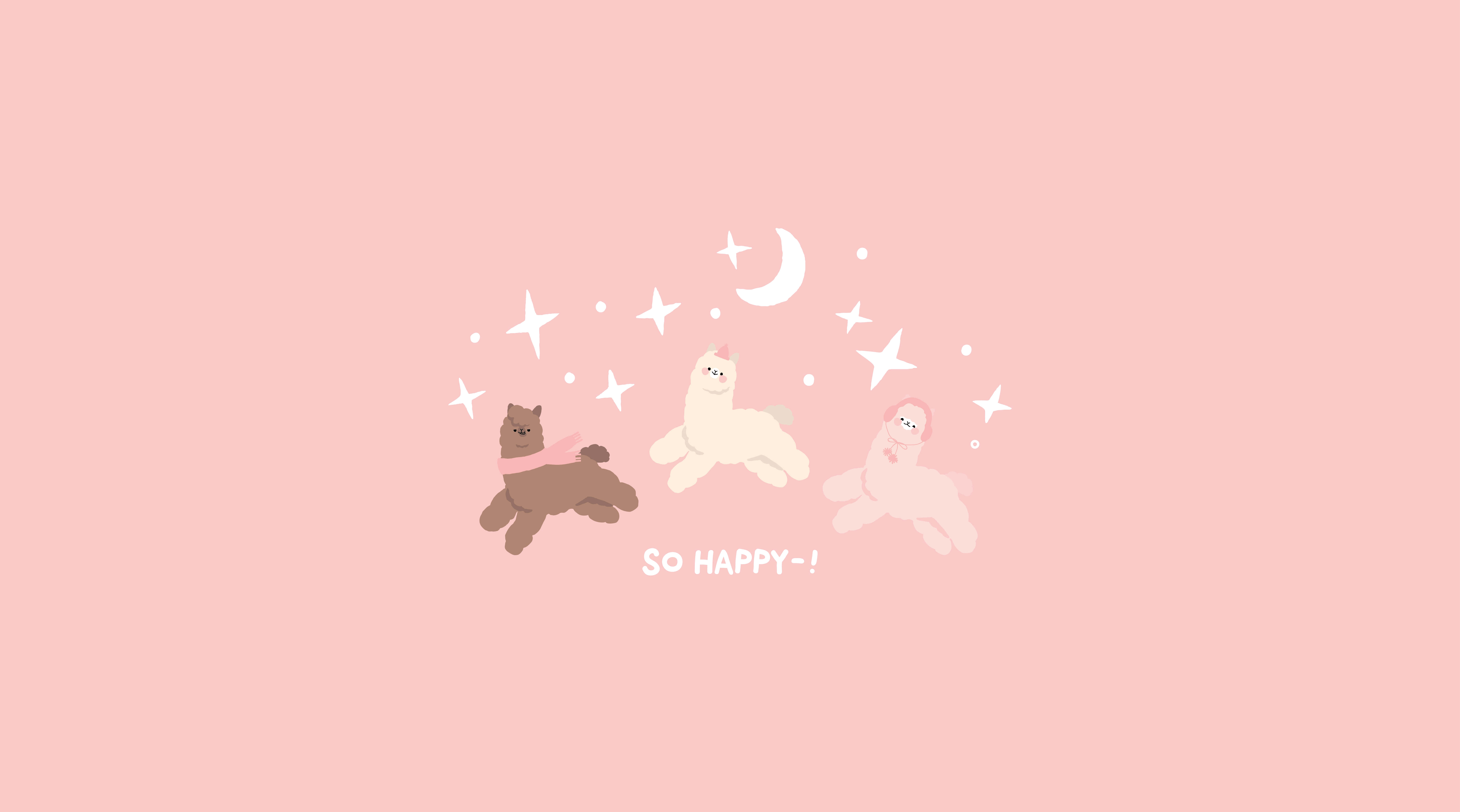 kawaii pink aesthetic desktop, three cute cartoon alpacas, stars, 8K Desktop Wallpaper