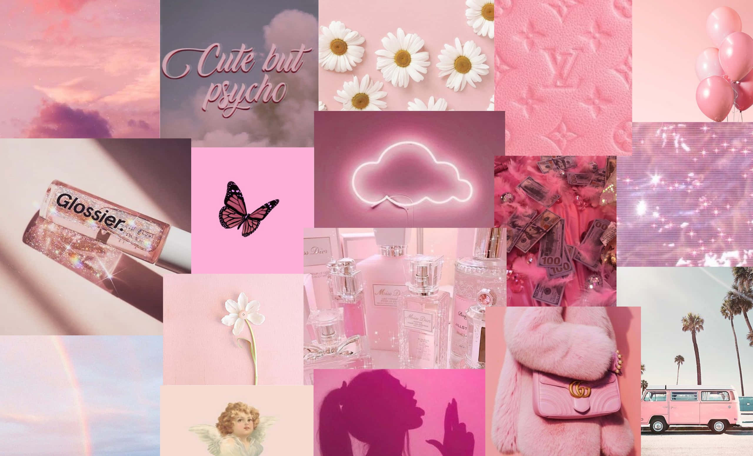 kawaii pink aesthetic desktop, daisies, neon clouds, 2K Desktop Wallpaper