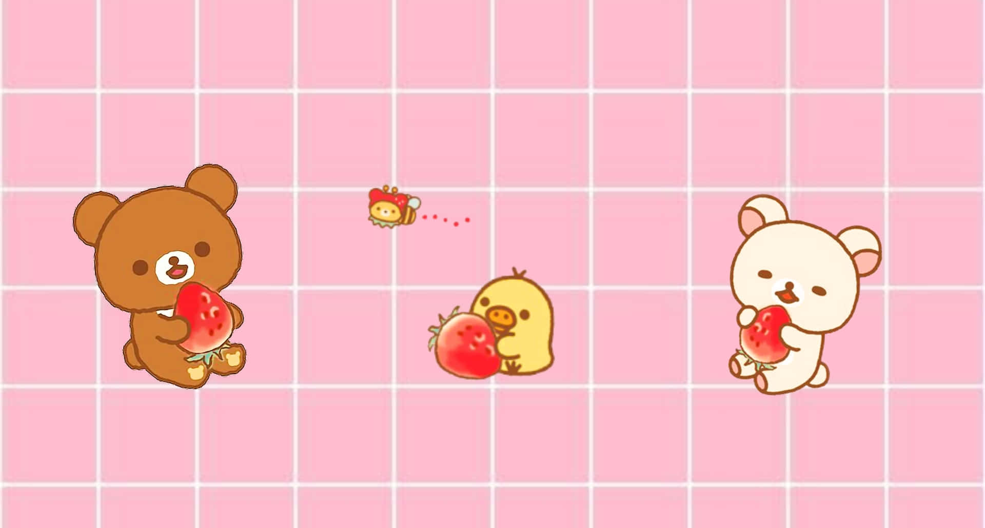 kawaii pink aesthetic desktop, pink grid background, three cute cartoon animals, Full HD Desktop Wallpaper
