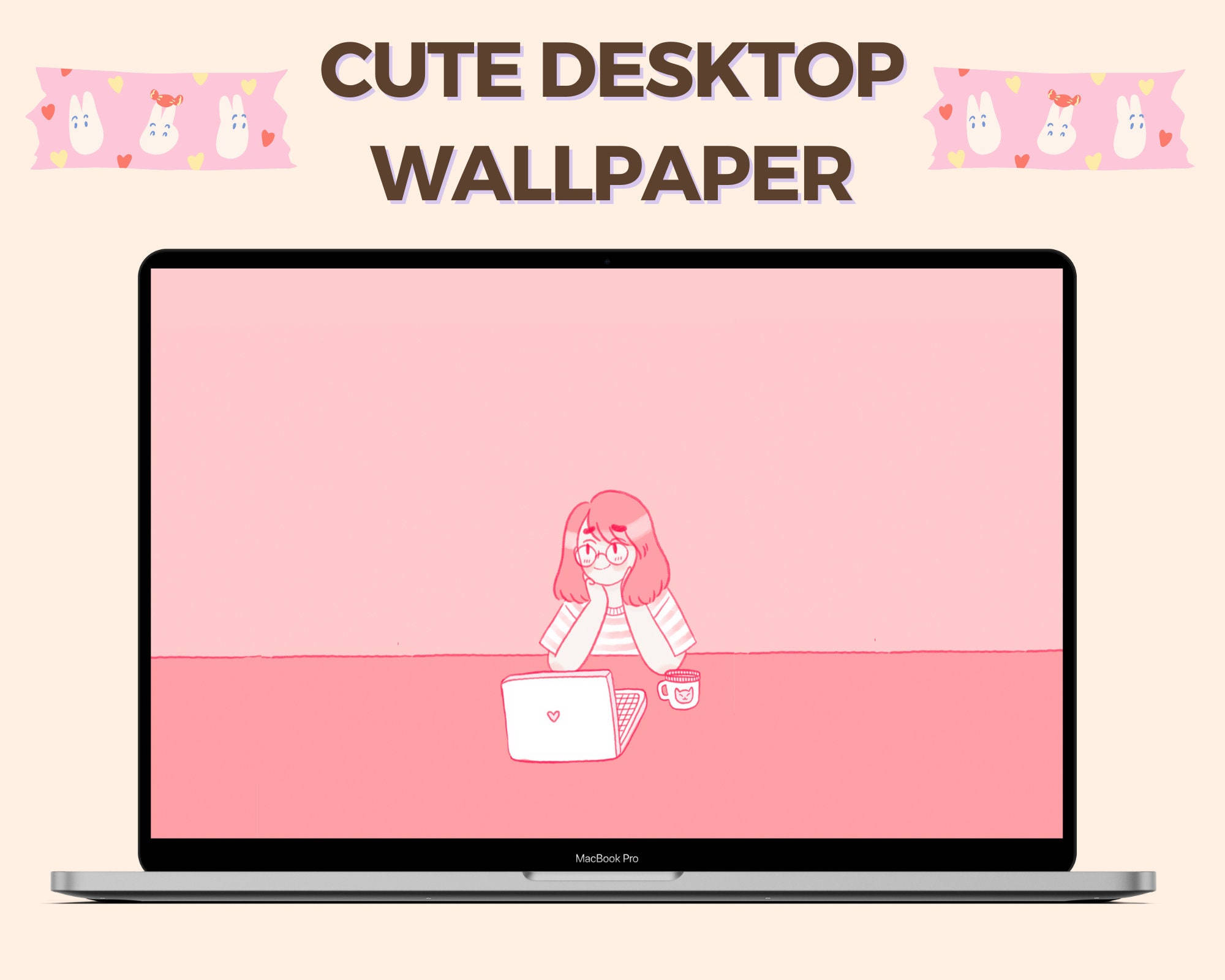 kawaii aesthetic computer desktop, pink illustrated girl with glasses, desk, Full HD Desktop Wallpaper