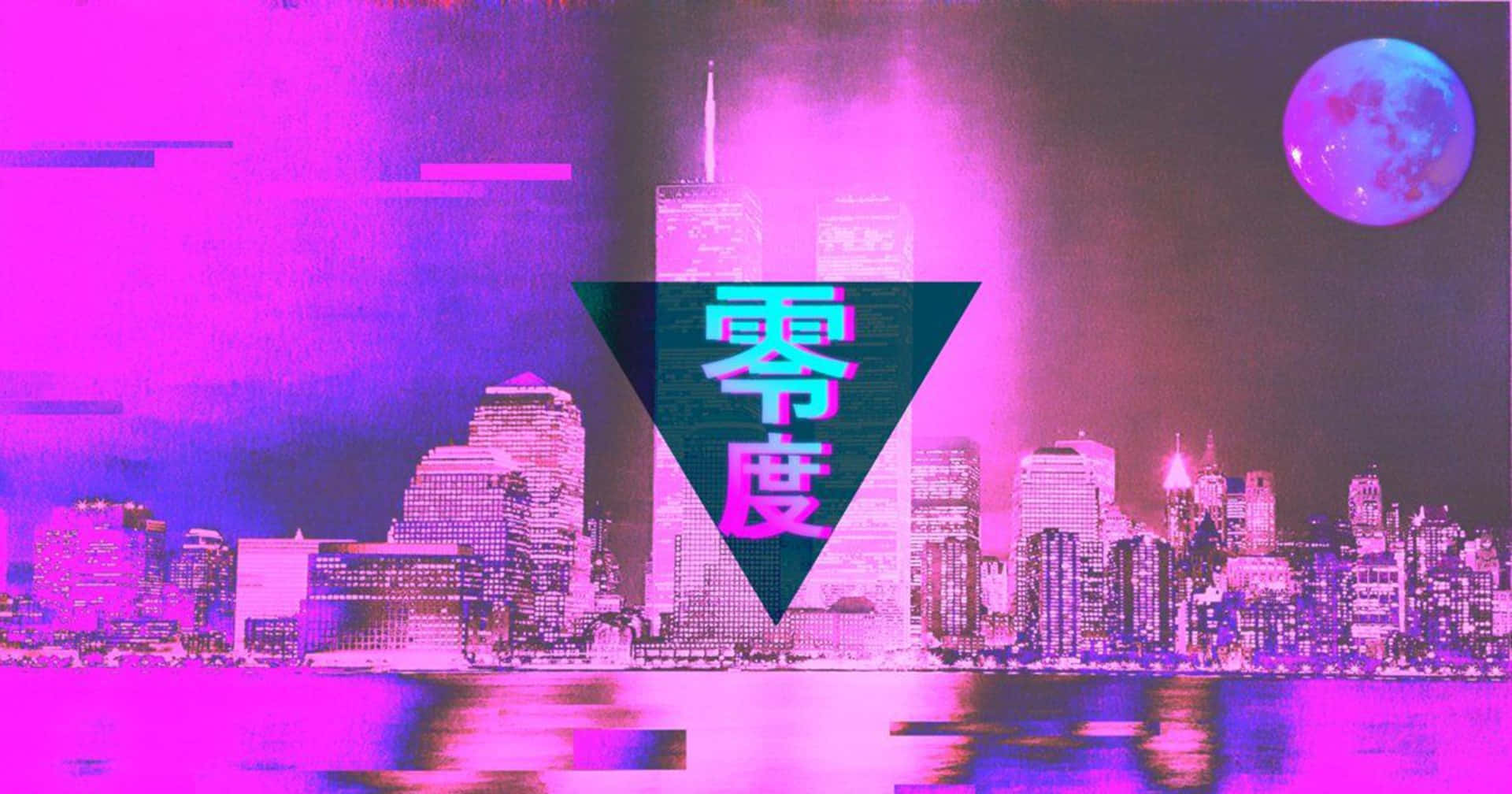 neon-pink, purple glitch art cityscape, glowing moon, Full HD Desktop Wallpaper