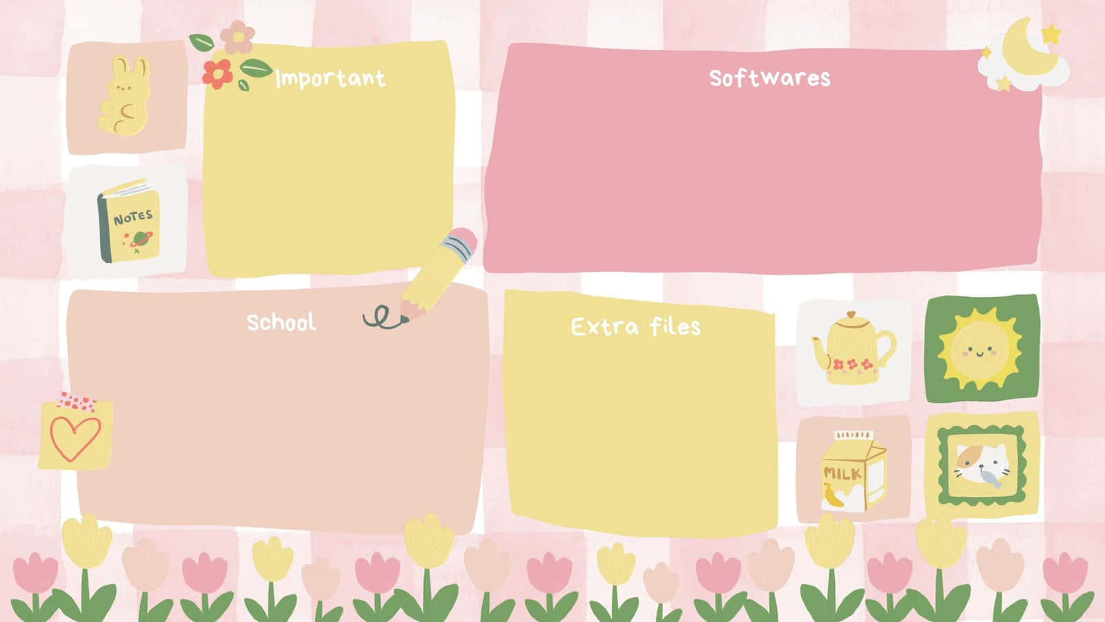 Pink and Yellow Aesthetic PC Setup, pastel-colored digital folder wallpaper, cute icons, HD Desktop Wallpaper