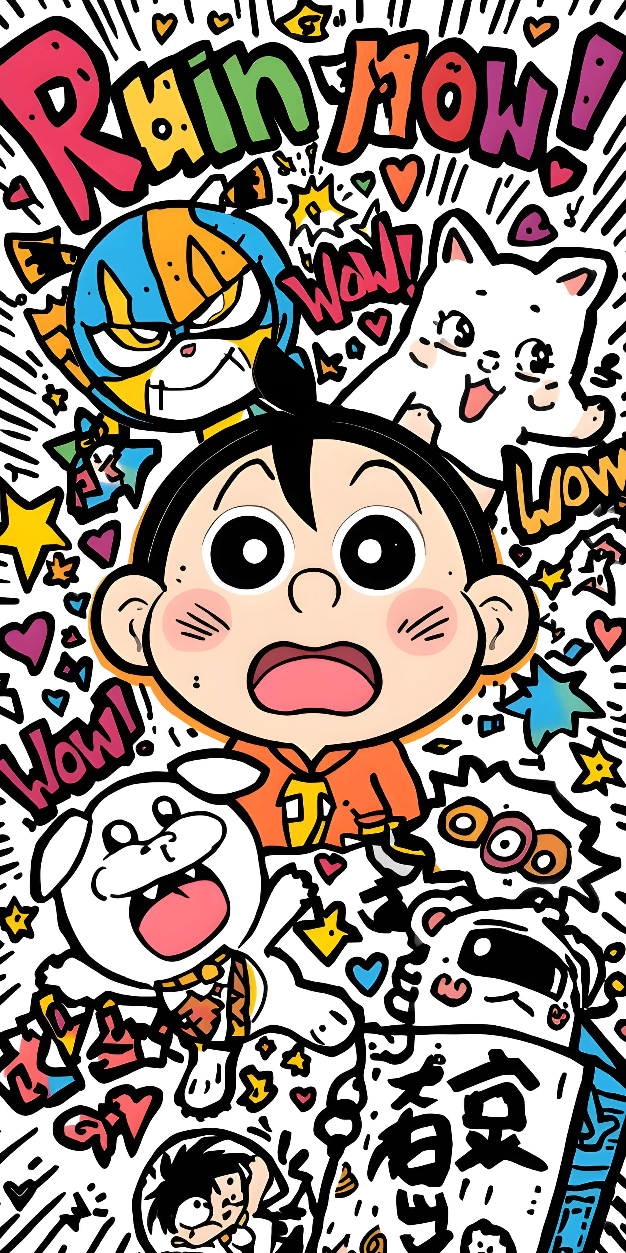 cute sparkle eyes anime boy, joyful doodle, chaotic comic-style characters, 4K Phone Wallpaper