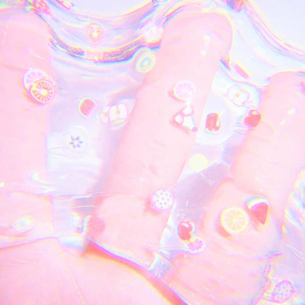 pastel pink, holographic nails, tiny fruit and flower decals, SD Desktop Wallpaper