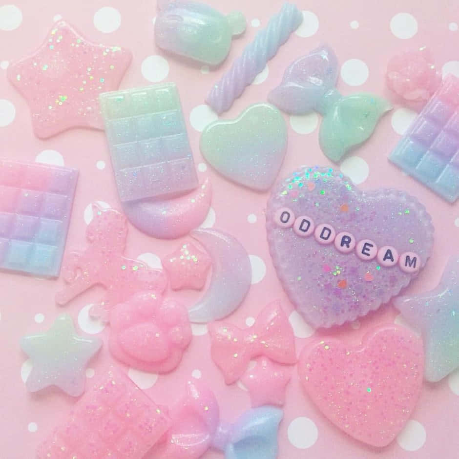 pastel pink, white polka dots, glittery resin charms, SD Desktop Wallpaper