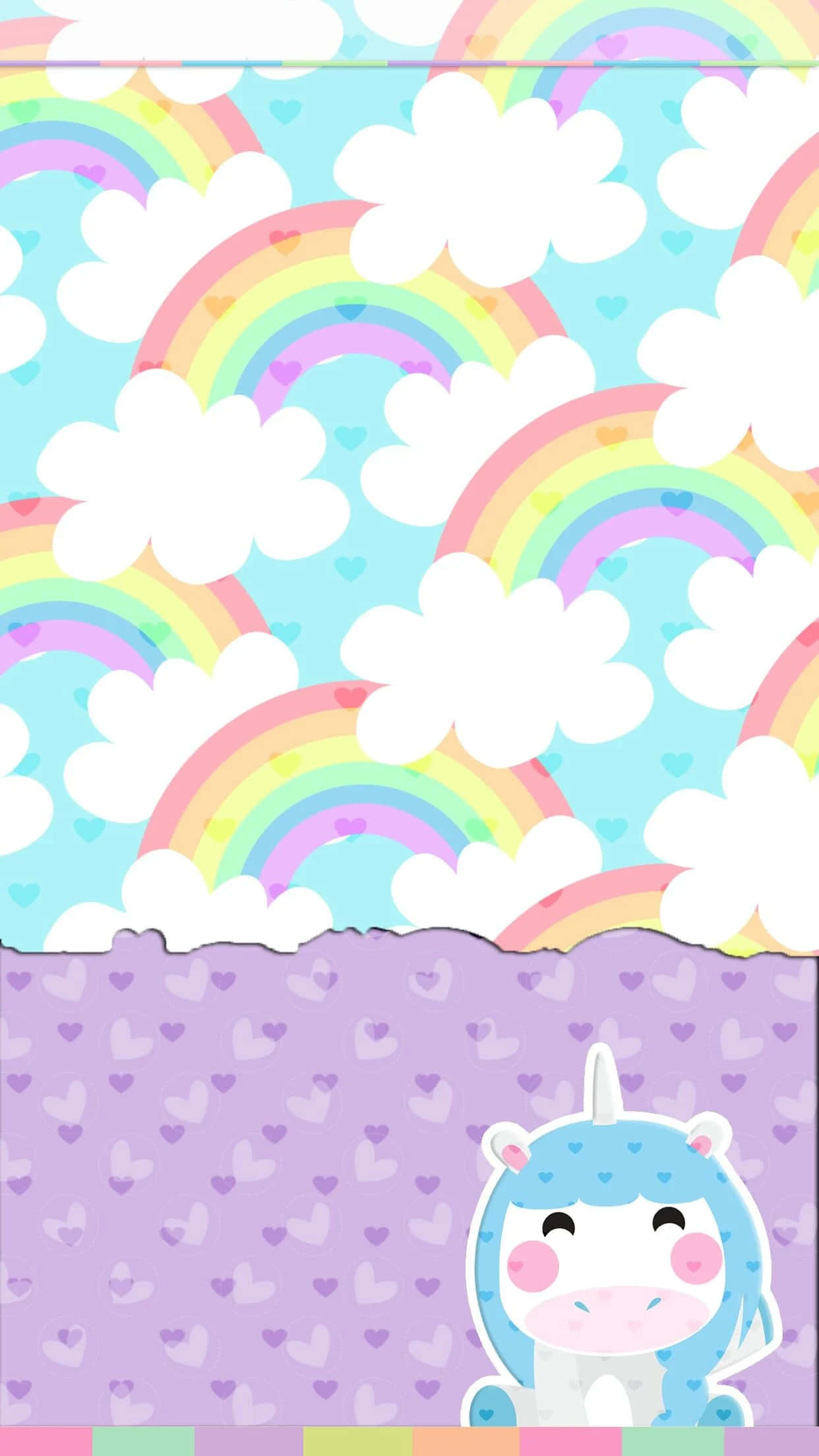 kawaii rainbow, cartoon unicorn, blue hair, Full HD Phone Wallpaper