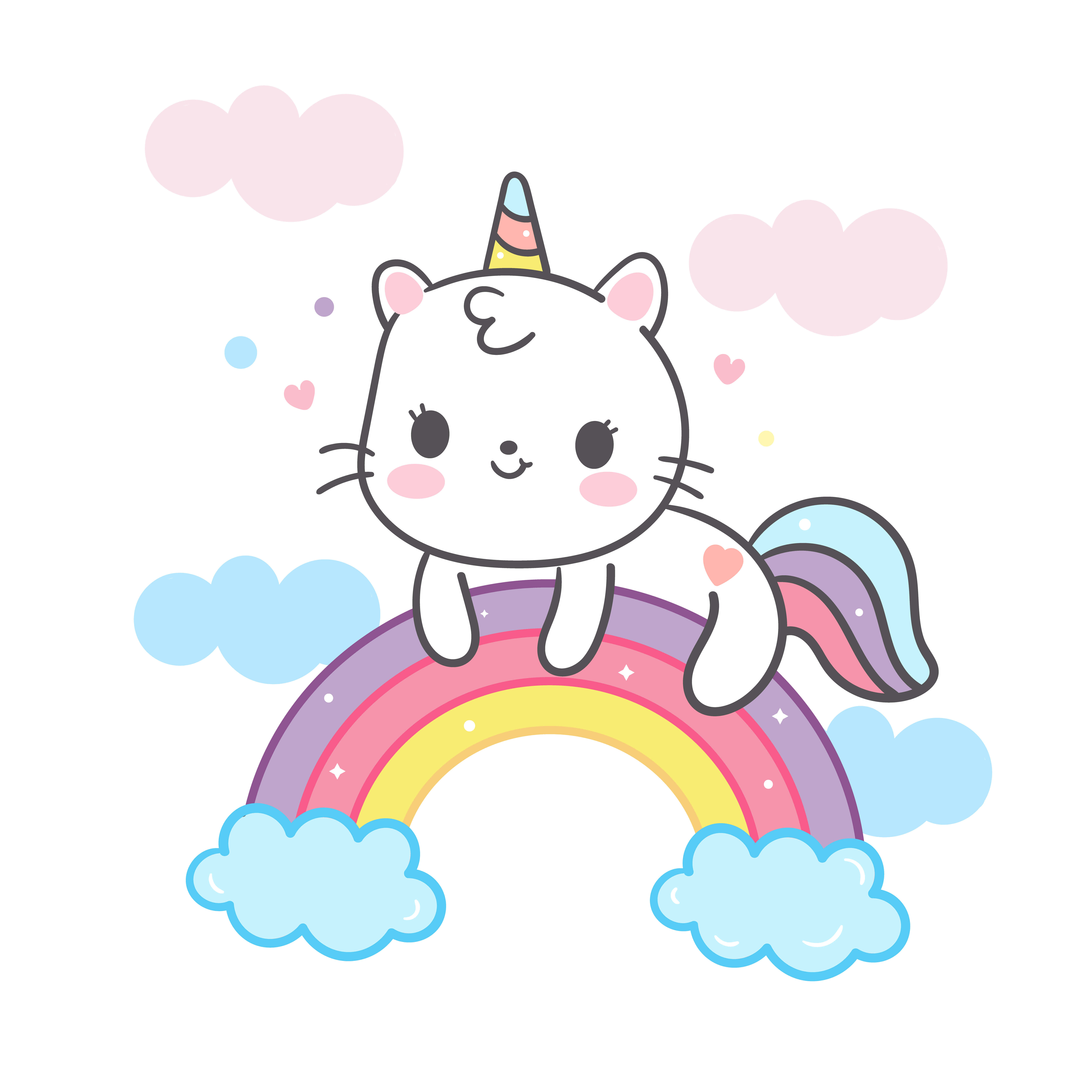 kawaii rainbow, white cat unicorn, rainbow horn, 5K Desktop Wallpaper