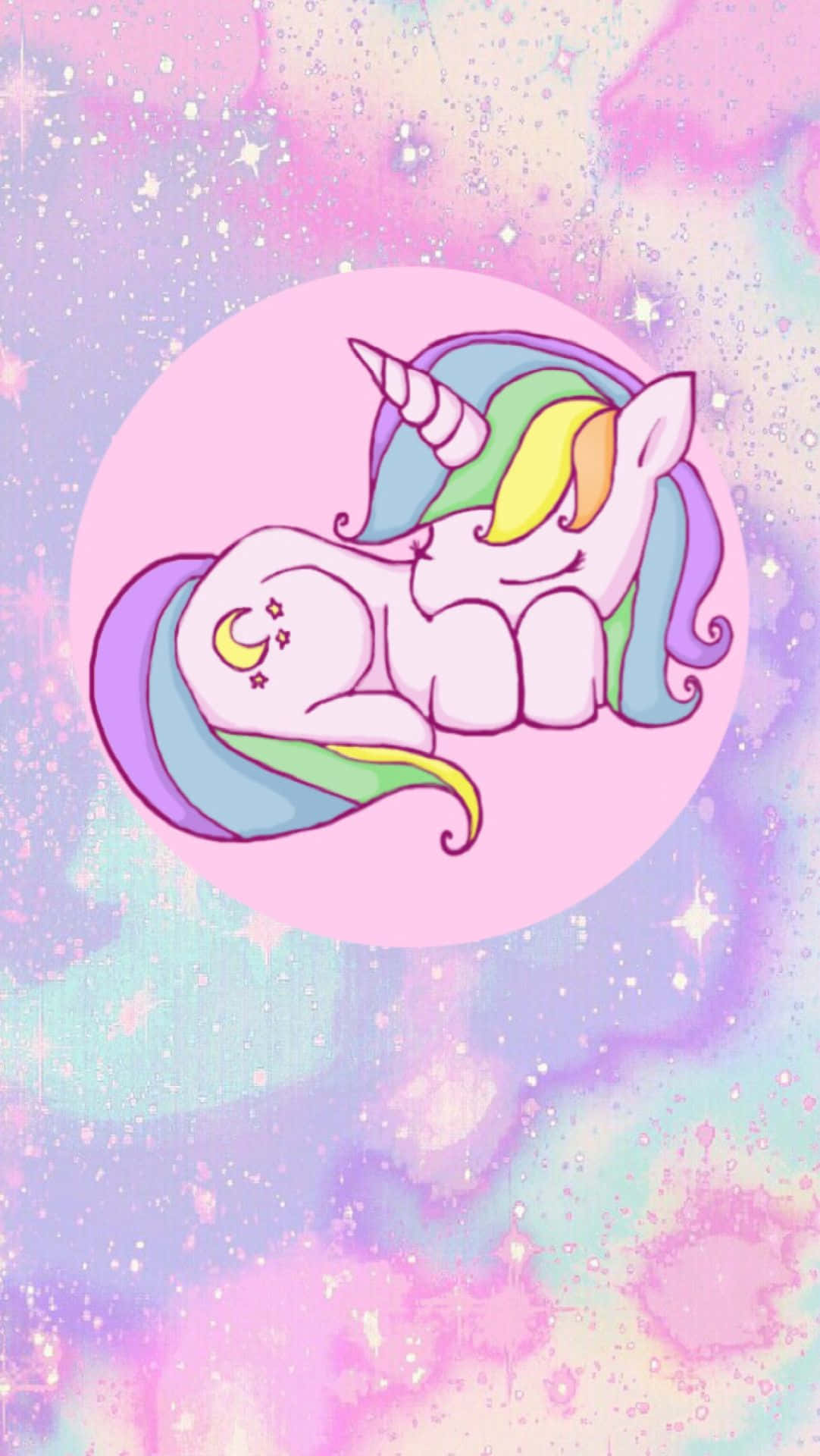 kawaii rainbow, cartoon unicorn, pink circle, Full HD Phone Wallpaper