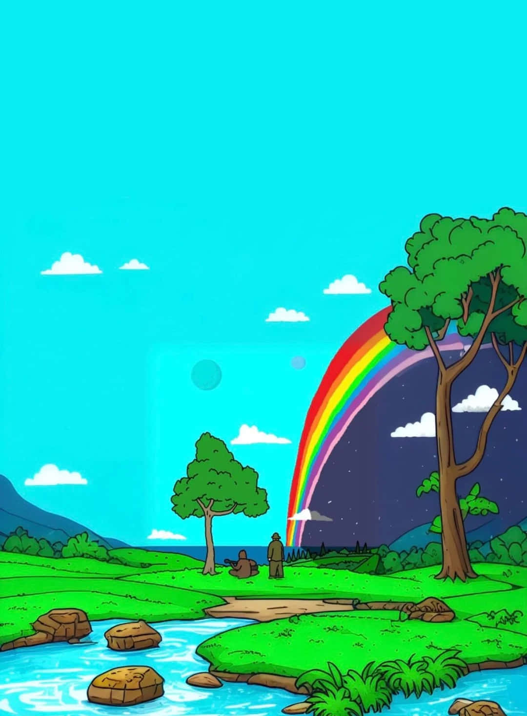 animated rainbow landscape, river, two trees, HD Phone Wallpaper