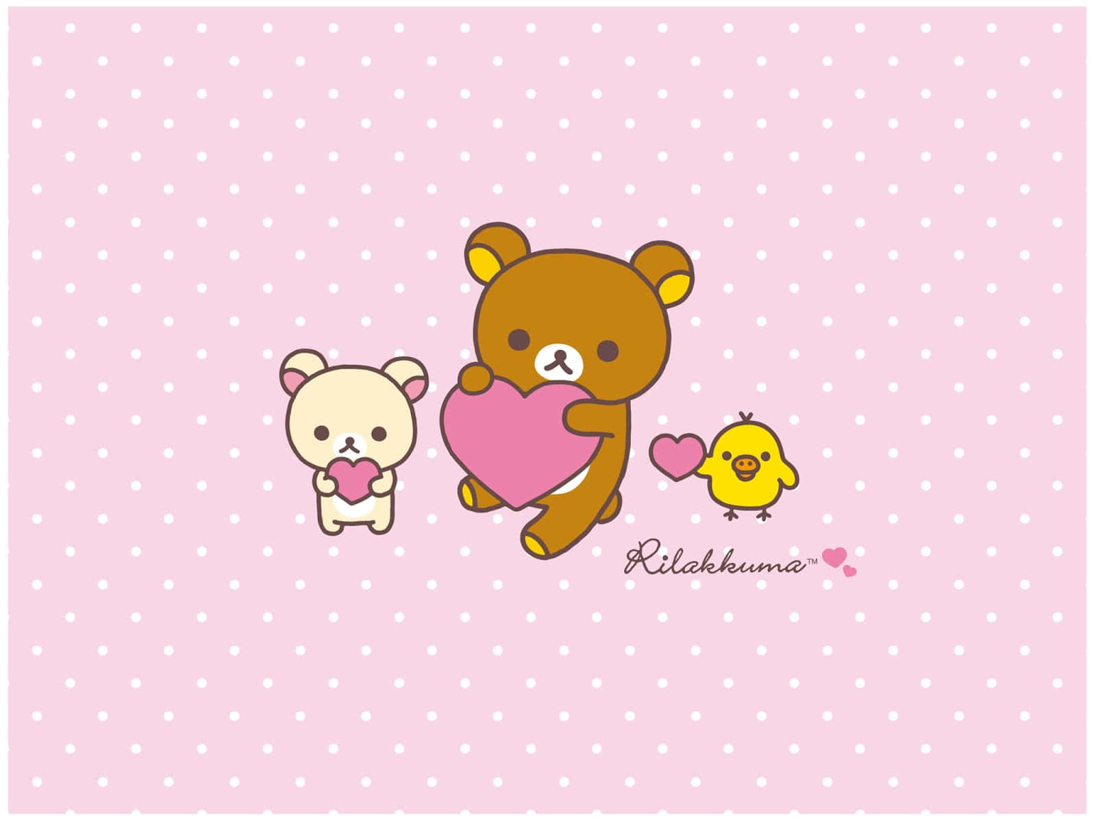 Rilakkuma, pink hearts, soft pink polka dot background, HD Desktop Wallpaper