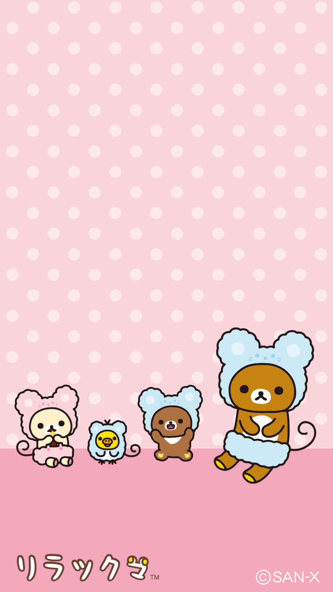 Rilakkuma, fluffy blue hats, pink polka dot background, Full HD Phone Wallpaper