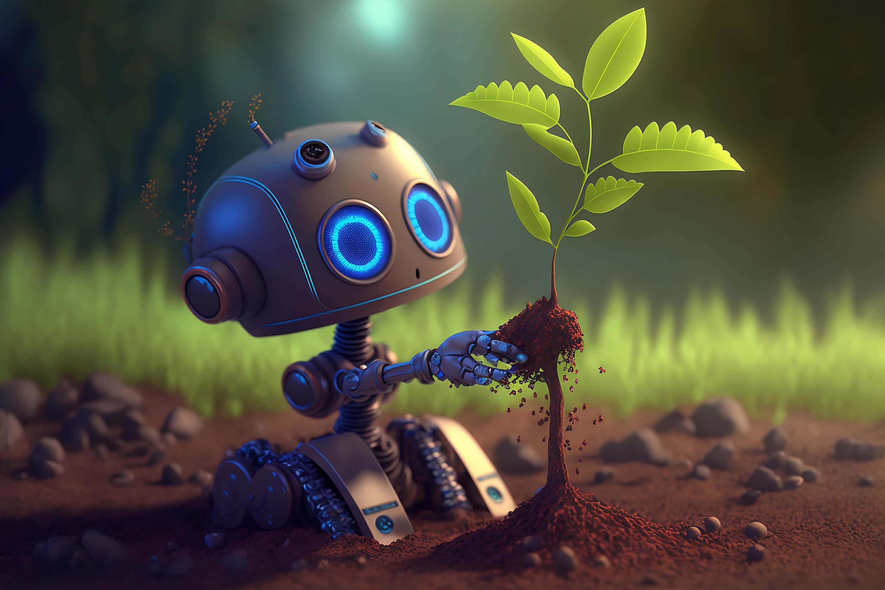 Kawaii Robot, blue-glowing robot, vibrant green sapling, 2K Desktop Wallpaper