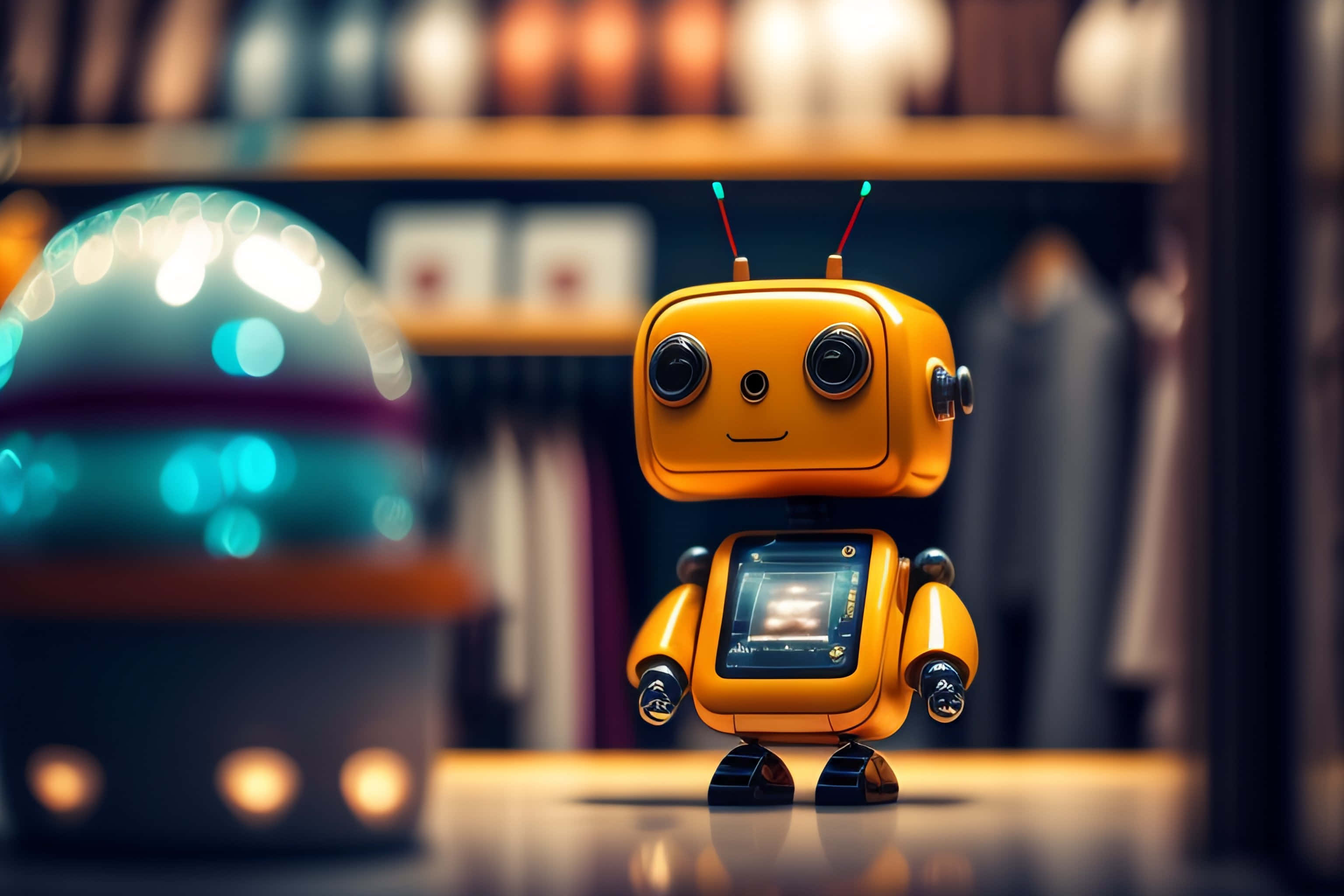 Kawaii Robot, orange retro robot, antenna eyes, 2K Desktop Wallpaper