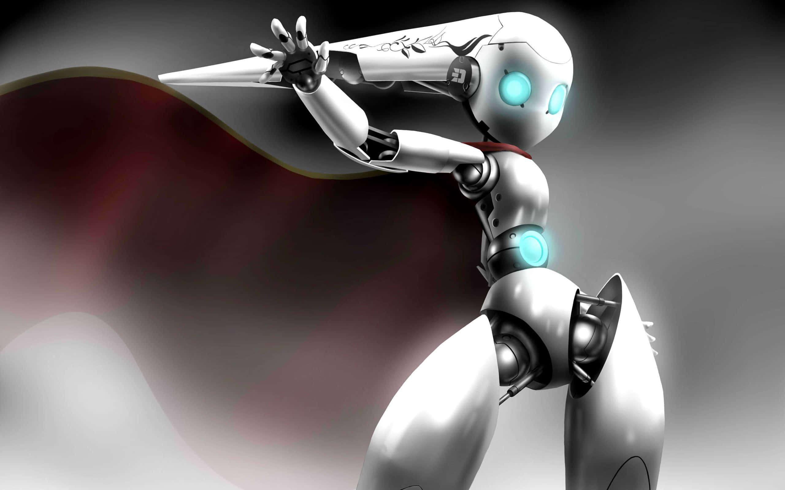 kawaii robot, sleek silver robot, glowing blue eyes, 2K Desktop Wallpaper