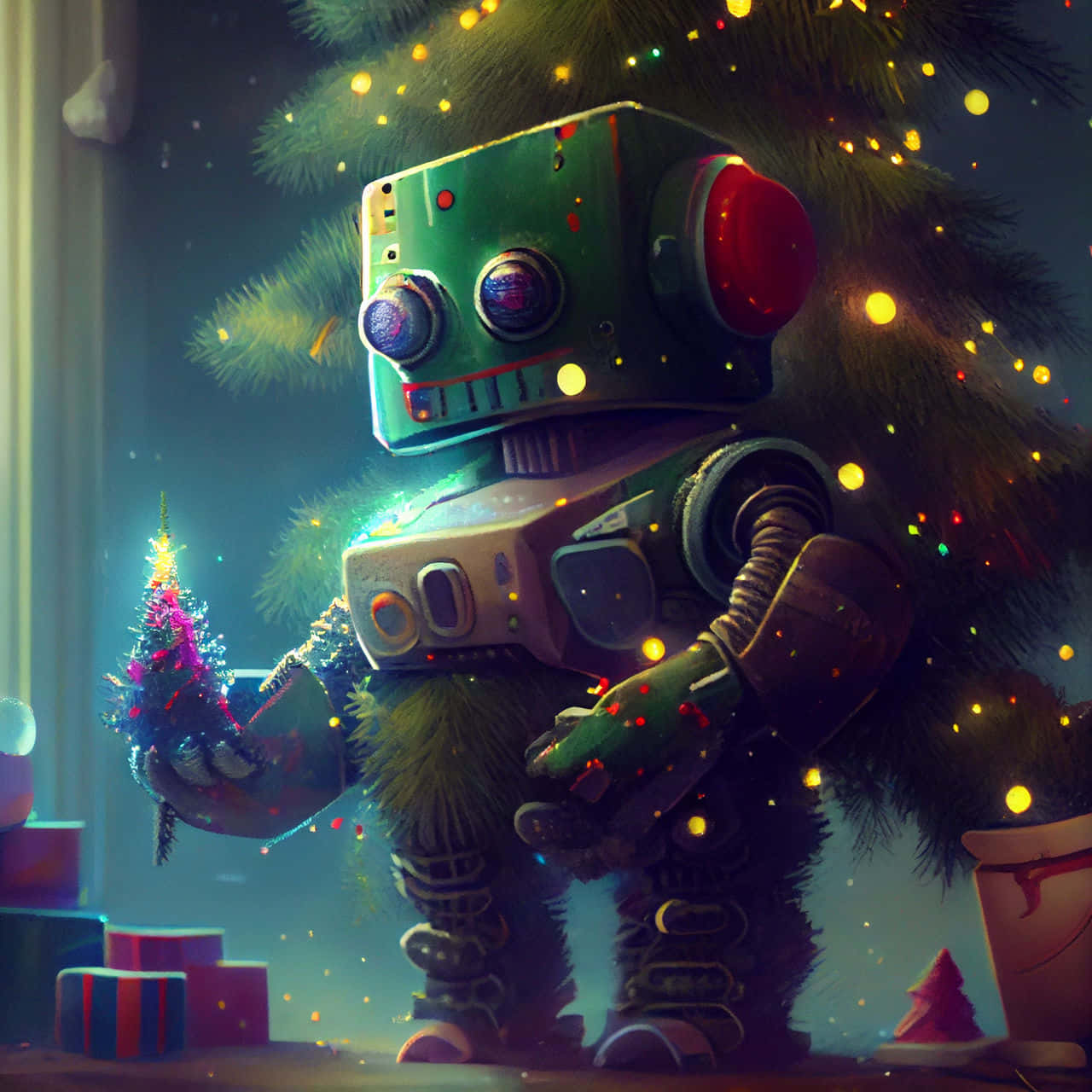 Kawaii Robot, vintage green robot, glowing Christmas tree, HD Desktop Wallpaper