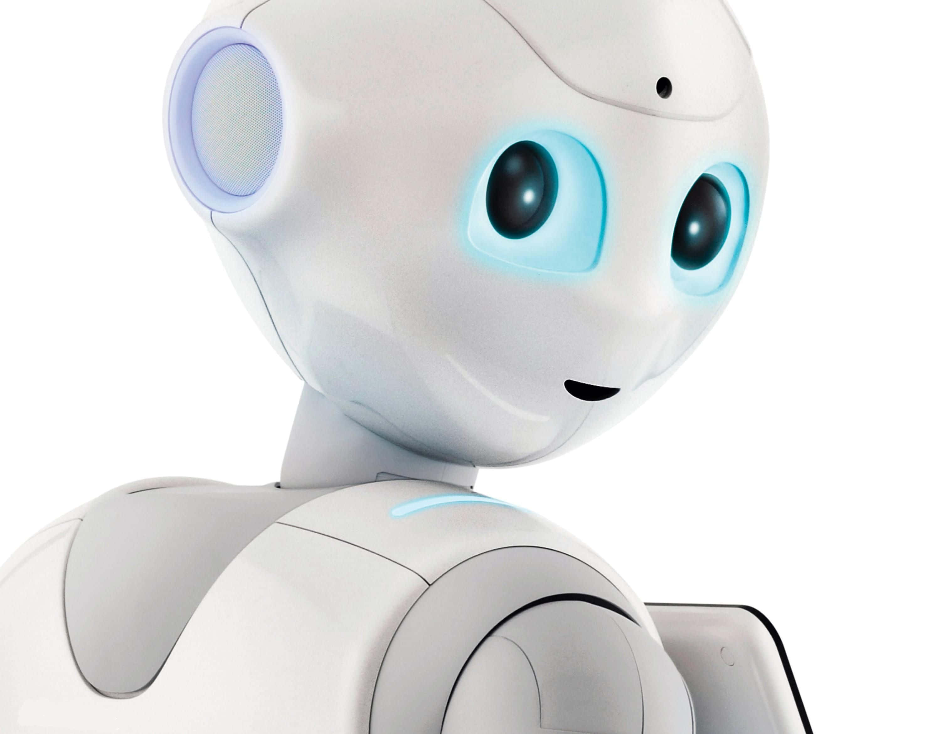 Kawaii Robot 3000, sleek white humanoid robot, glowing blue eyes, 2K Desktop Wallpaper