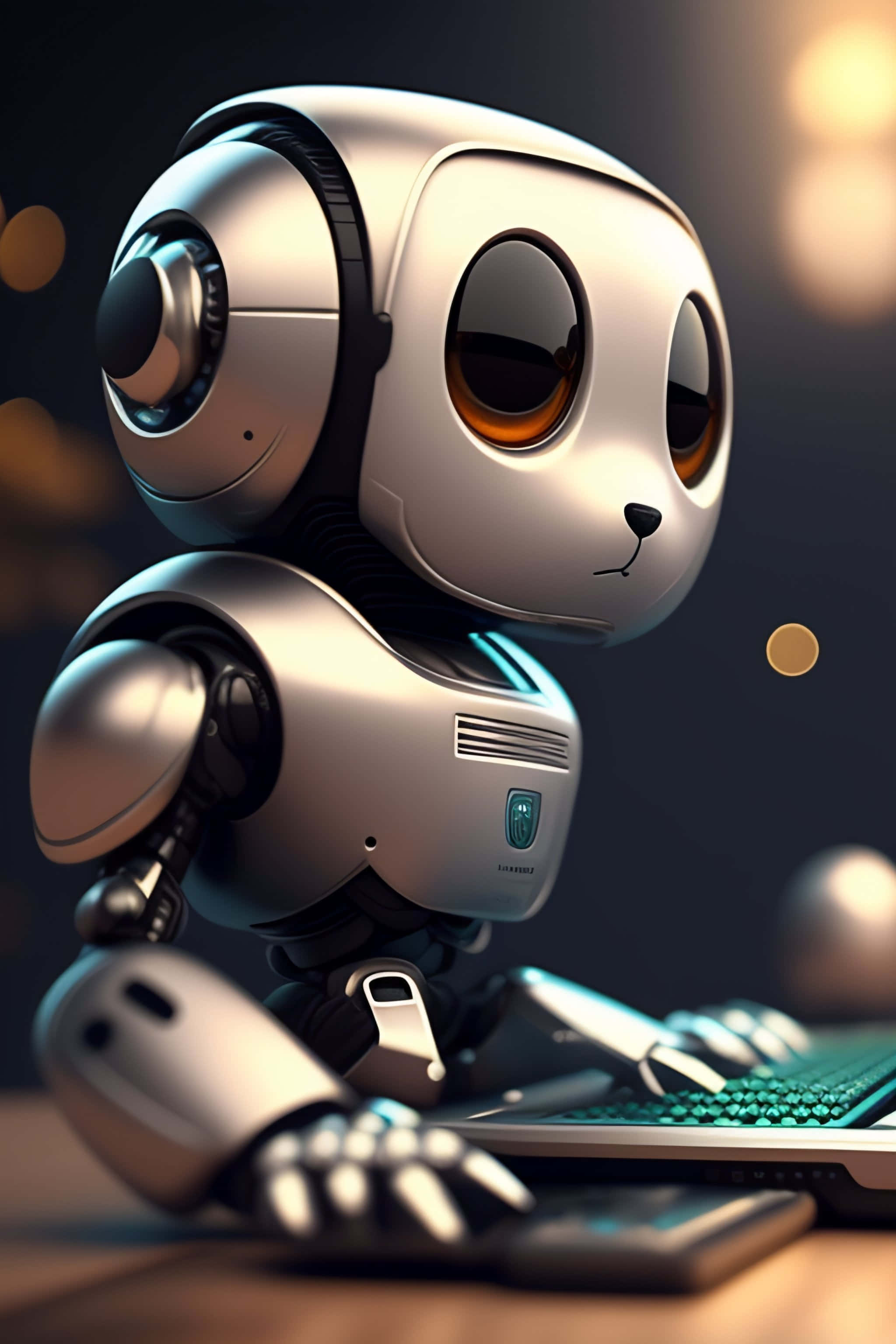 Kawaii Robot, silver robot, large amber eyes, 2K Phone Wallpaper