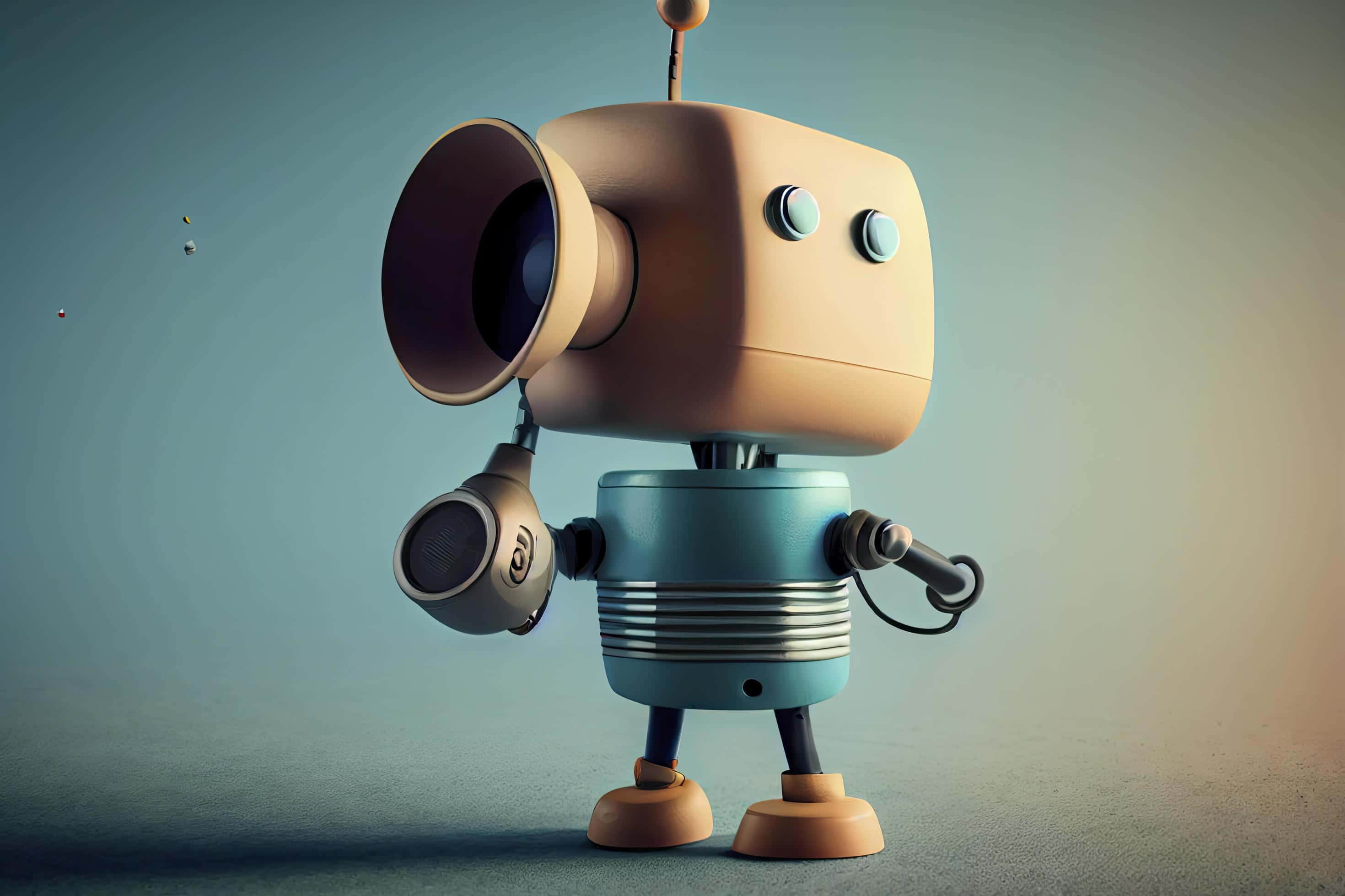 kawaii robot, retrofuturistic robot, large horned head, 2K Desktop Wallpaper