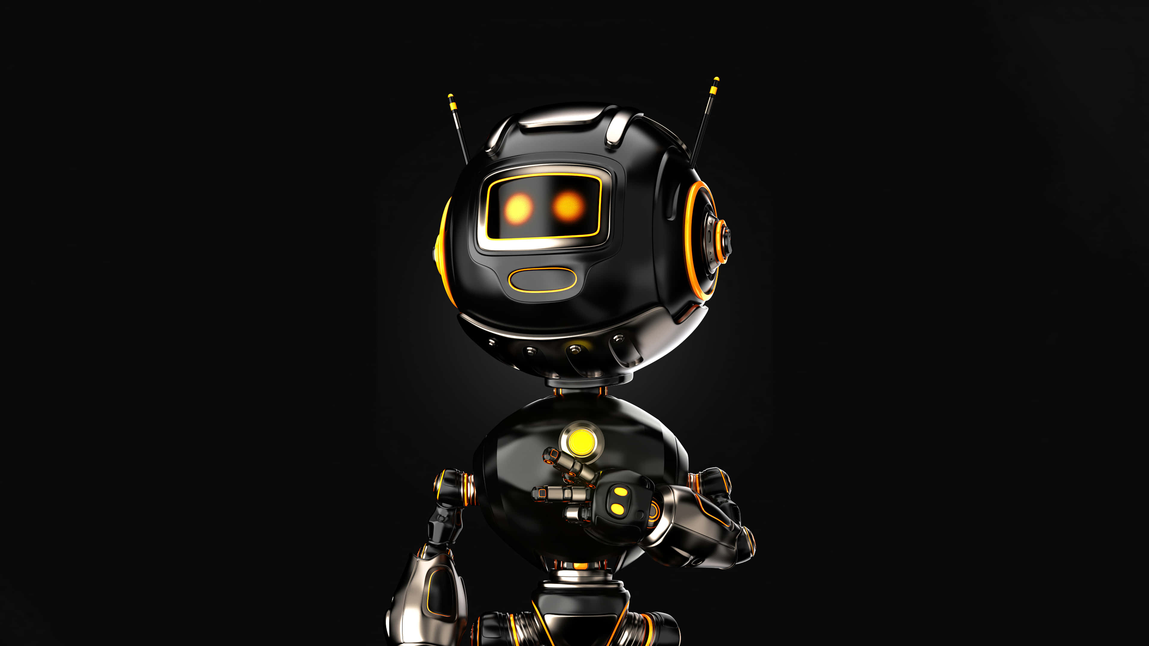 kawaii robot, sleek black robot, glowing orange eyes, 4K Desktop Wallpaper