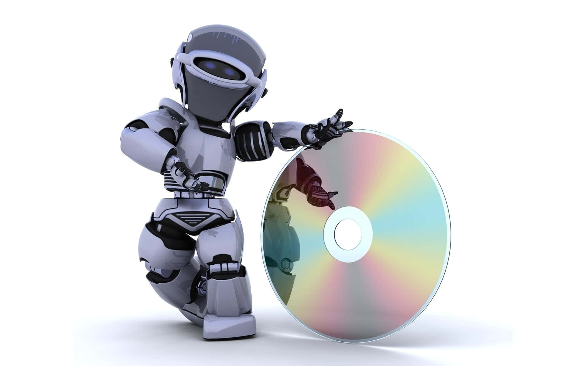 kawaii robot, sleek silver robot, reflective CD, Full HD Desktop Wallpaper