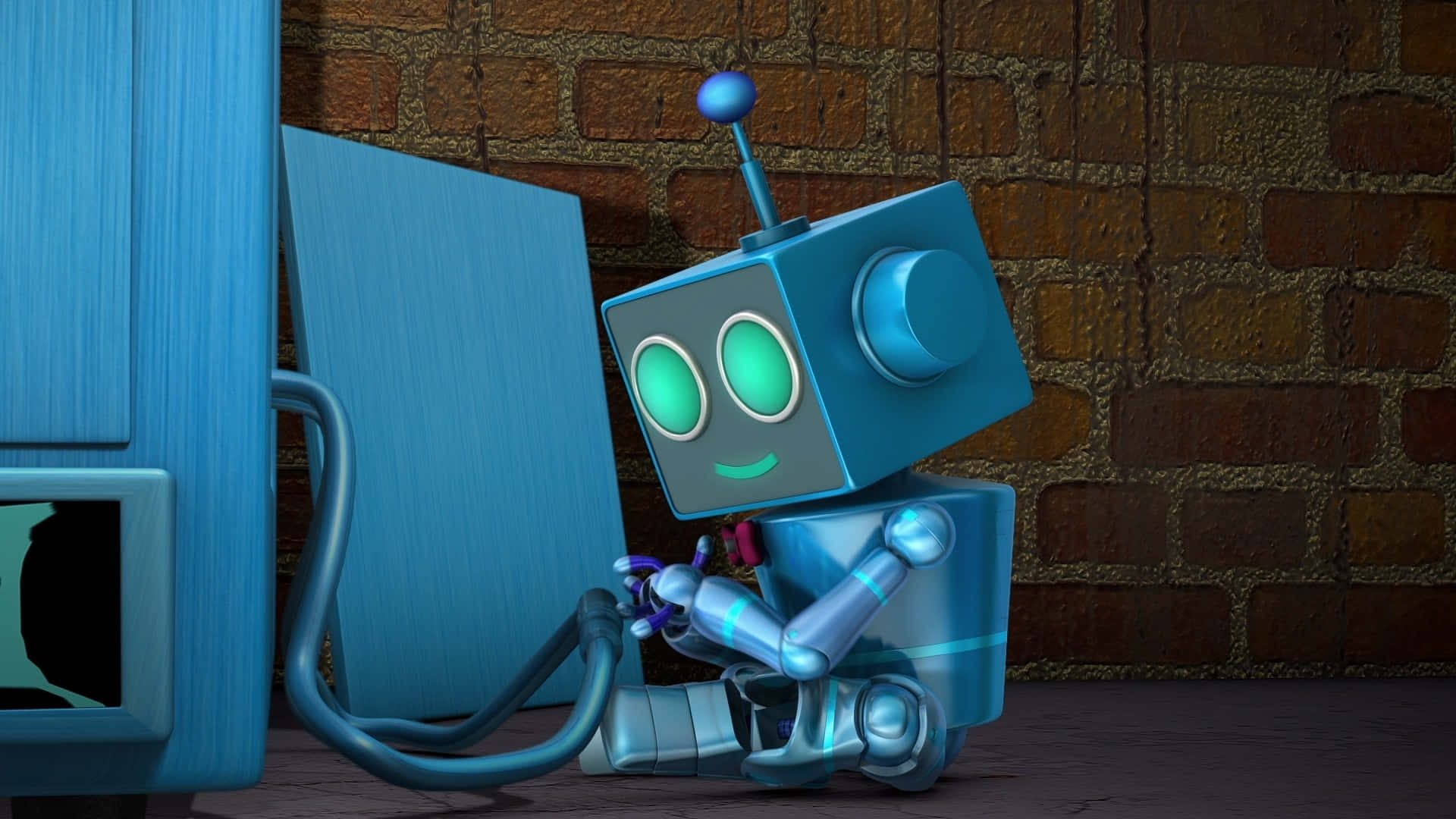kawaii robot, blue cartoon robot, glowing green eyes, Full HD Desktop Wallpaper