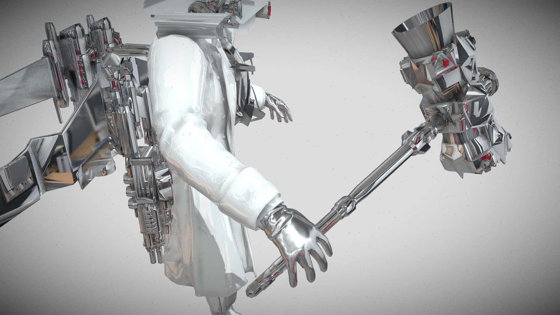 futuristic robot, white lab coat, metallic hammer, Full HD Desktop Wallpaper