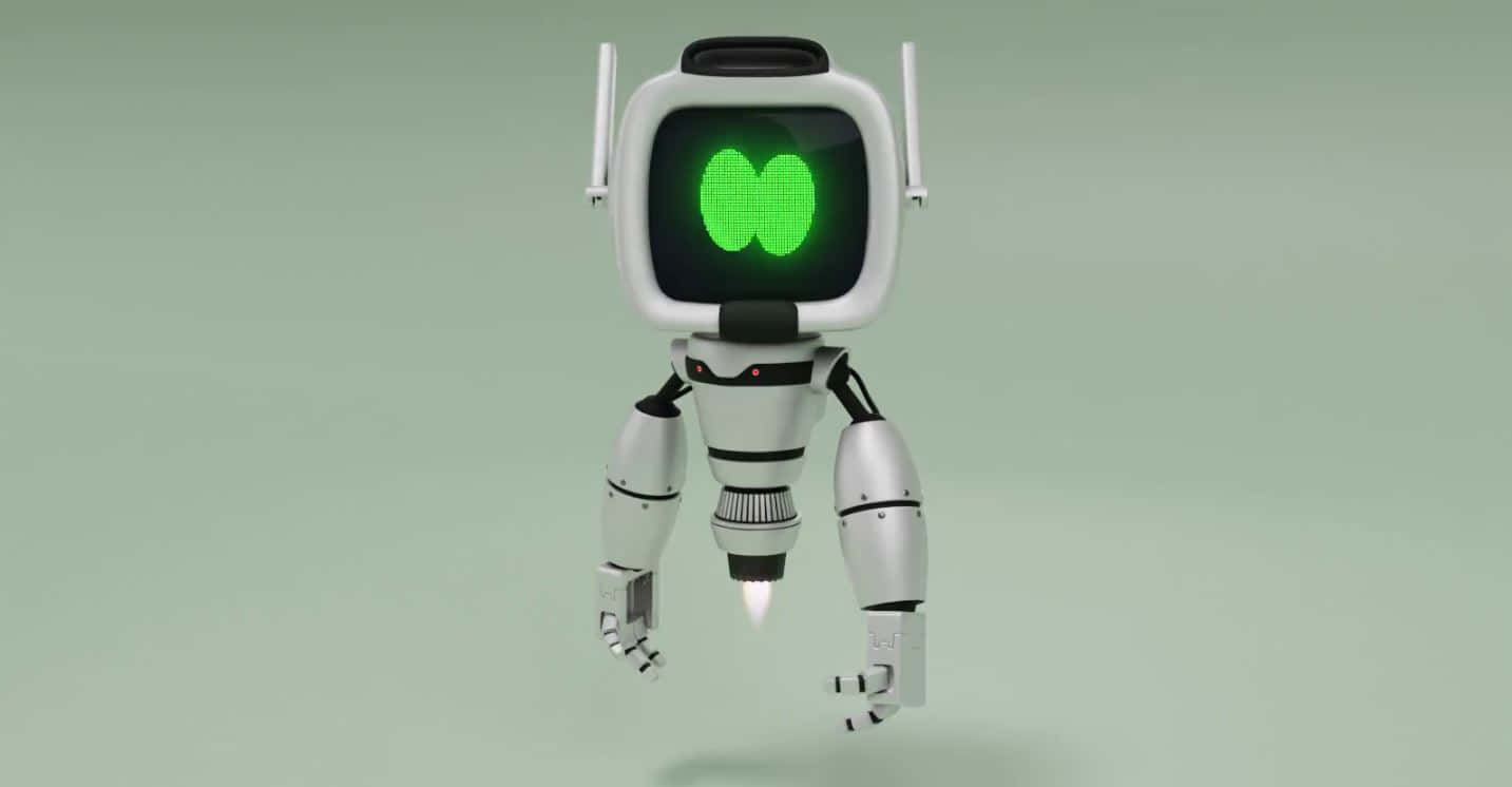 kawaii robot, white floating robot, glowing green butterfly eyes, HD Desktop Wallpaper