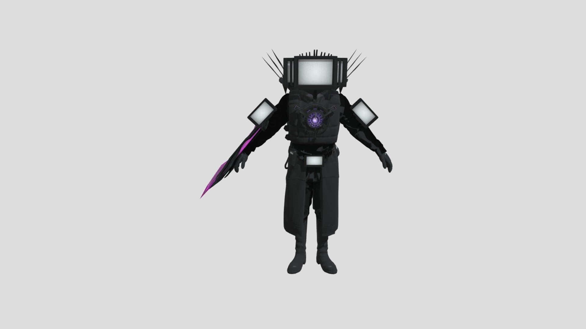 futuristic t v head robot, black armored figure, glowing purple chest emblem, Full HD Desktop Wallpaper