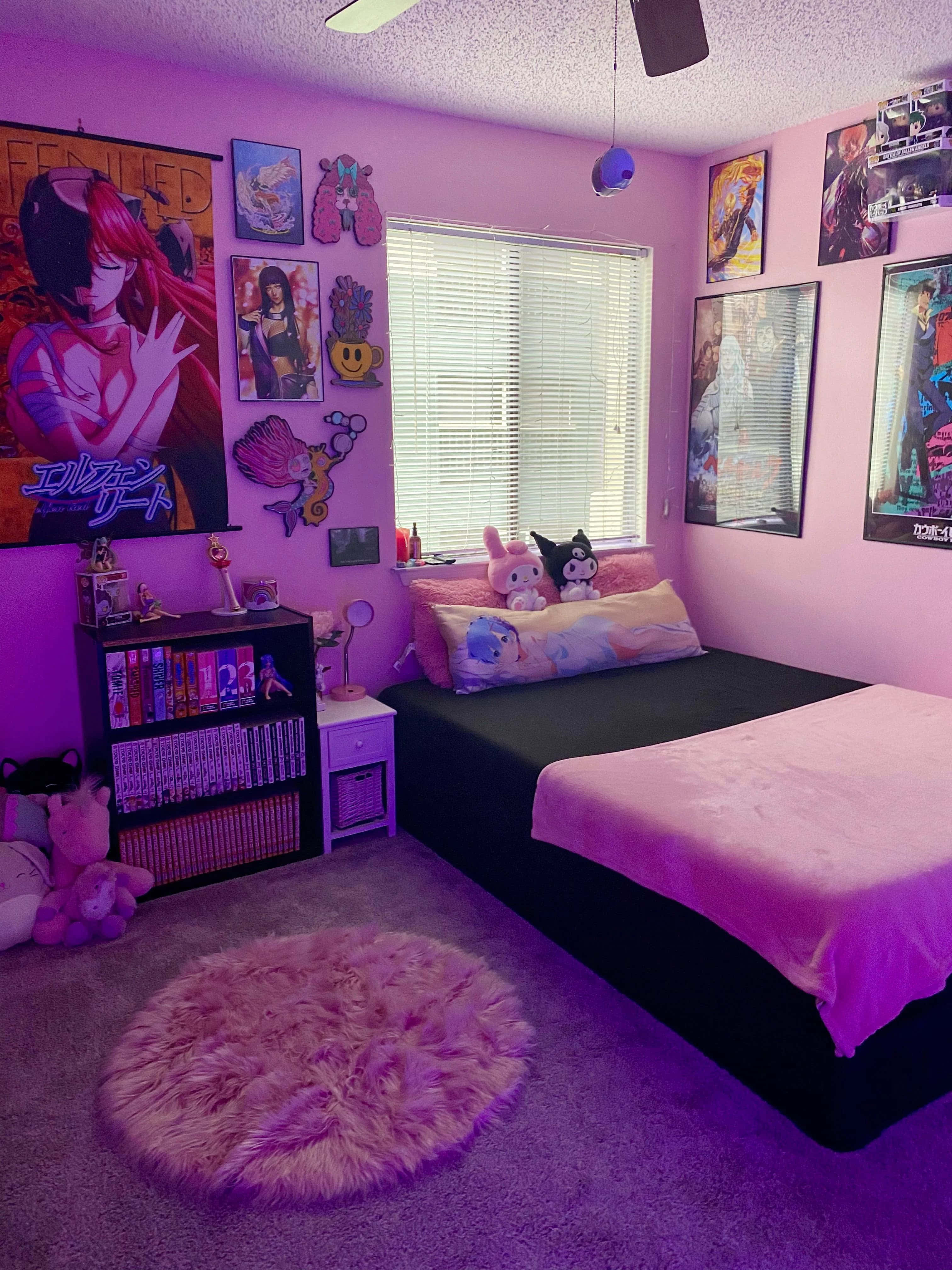 kawaii room, purple light, anime-themed bedroom, 4K Phone Wallpaper