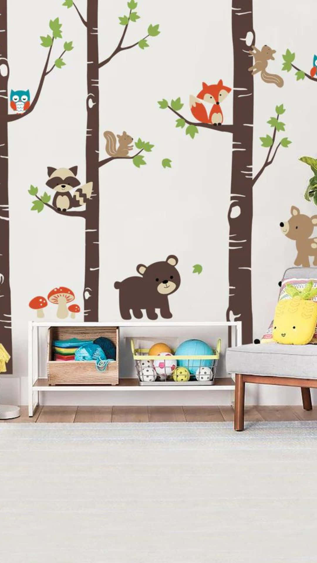 kawaii room, pastel colors, whimsical forest-themed wallpaper, Full HD Phone Wallpaper
