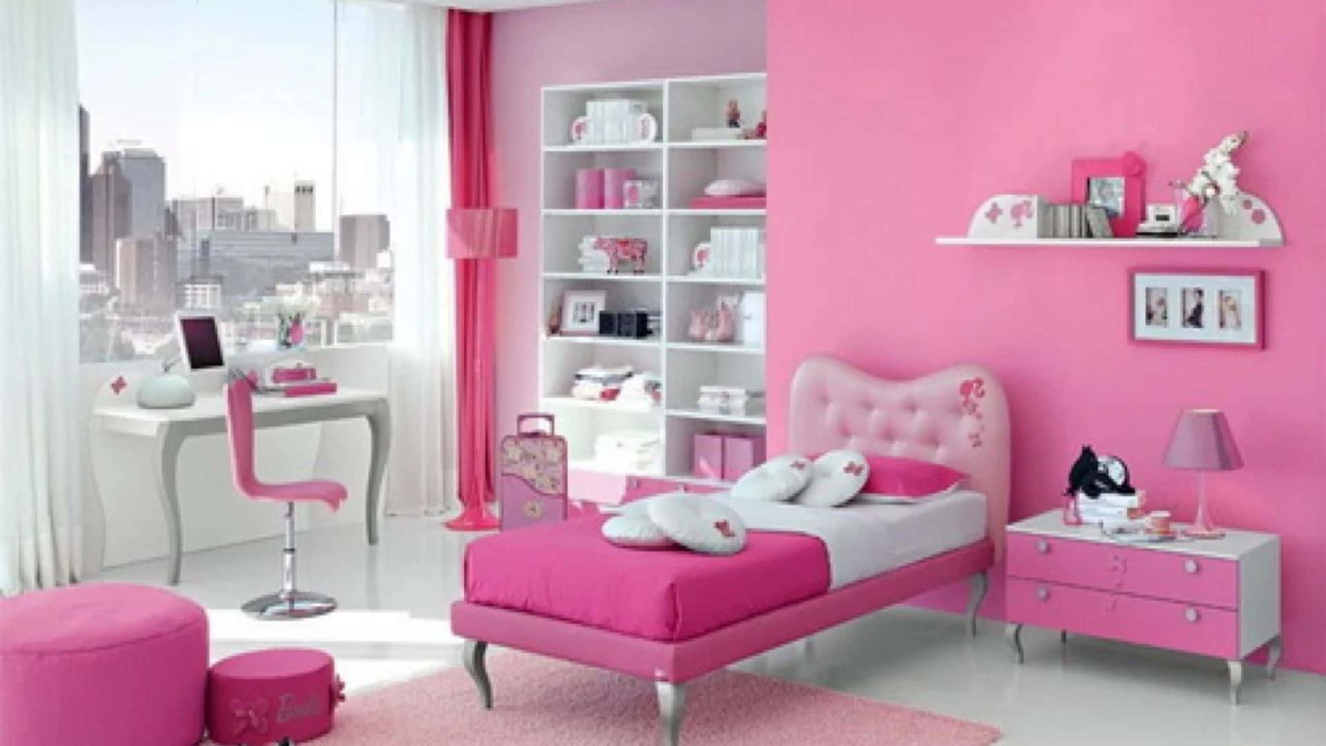 kawaii room, bright pink, tufted bed, Full HD Desktop Wallpaper