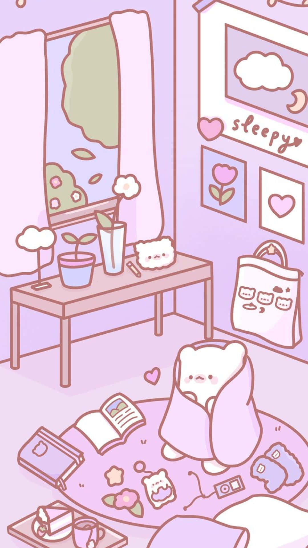 Kawaii Room, pastel pink, sleepy bear, Full HD Phone Wallpaper