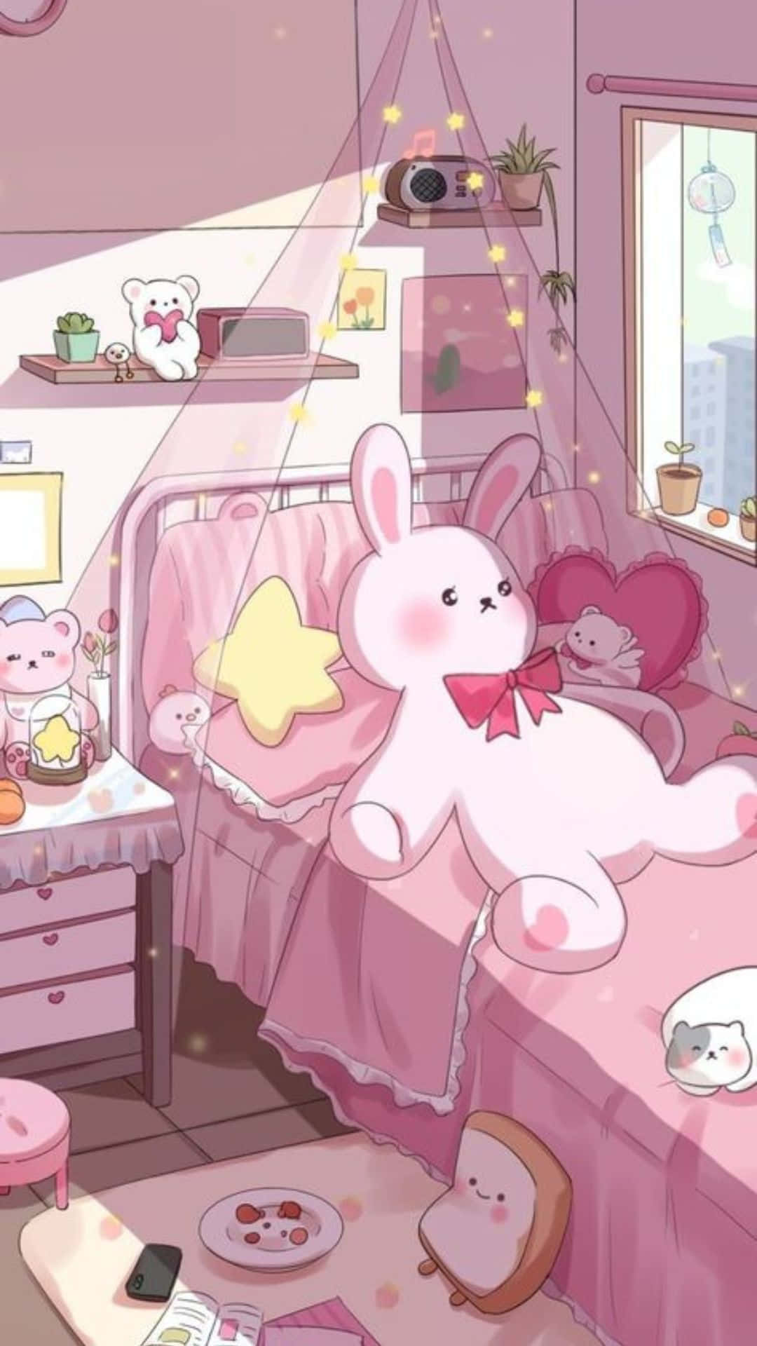 kawaii room, pastel pink decor, giant bunny plushie, Full HD Phone Wallpaper