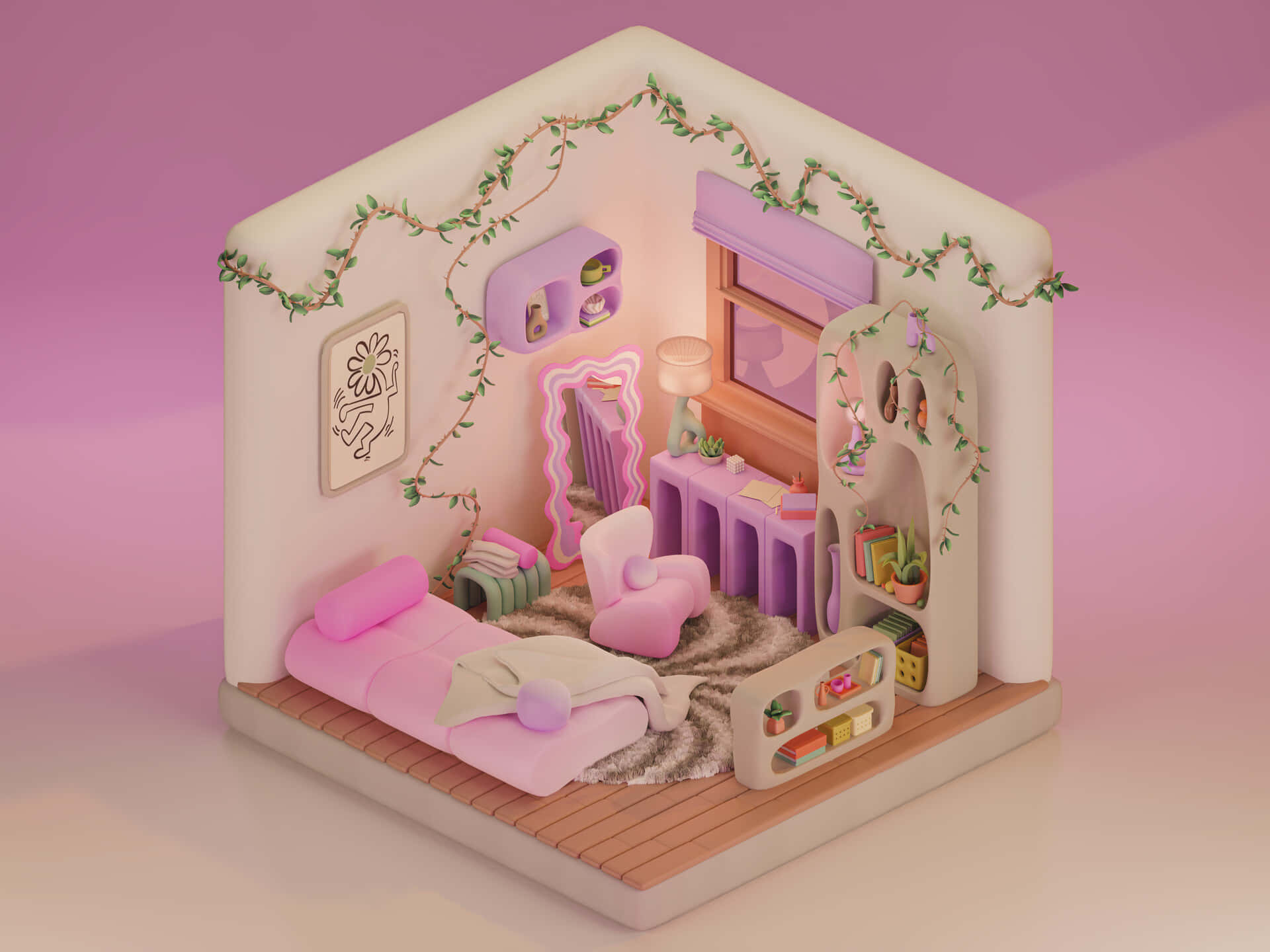 Kawaii Room, pastel pink, 3d-rendered, Full HD Desktop Wallpaper
