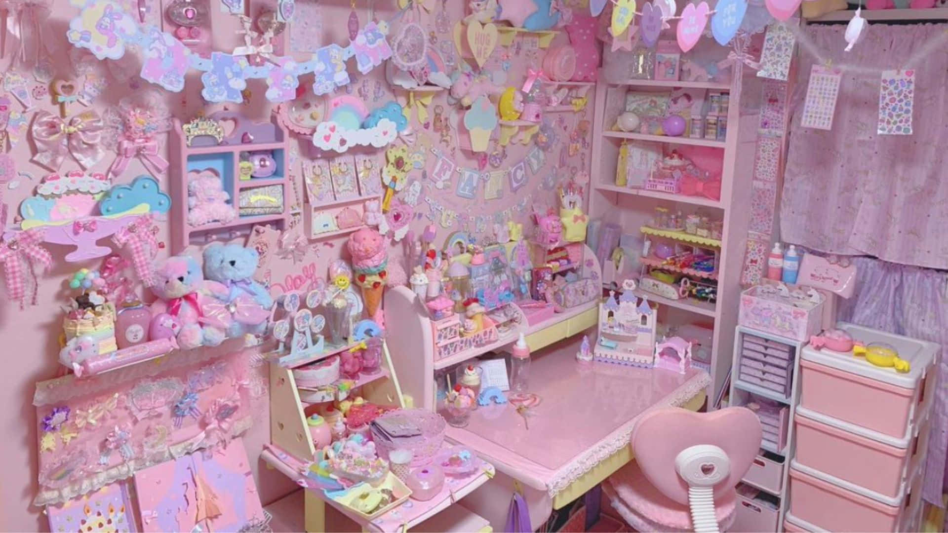 kawaii room, pink bedroom, plush toys, Full HD Desktop Wallpaper