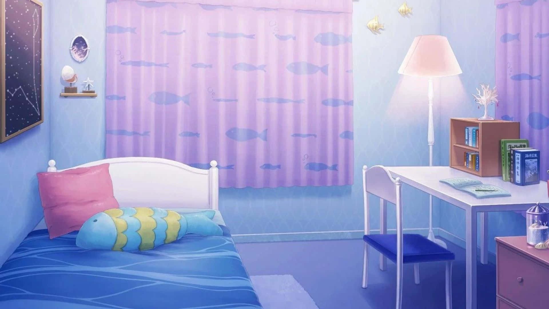 kawaii room, pastel details, blue and purple ocean-themed decor, Full HD Desktop Wallpaper