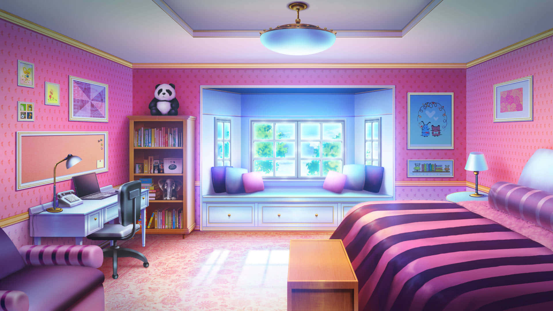 kawaii room, pink, anime-style bedroom, Full HD Desktop Wallpaper