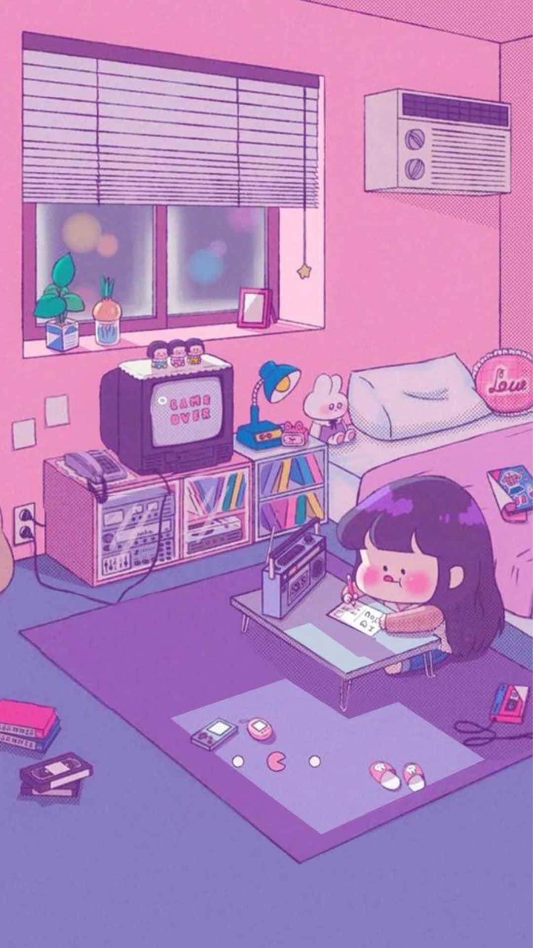 kawaii room, purple hair, pink room, Full HD Phone Wallpaper