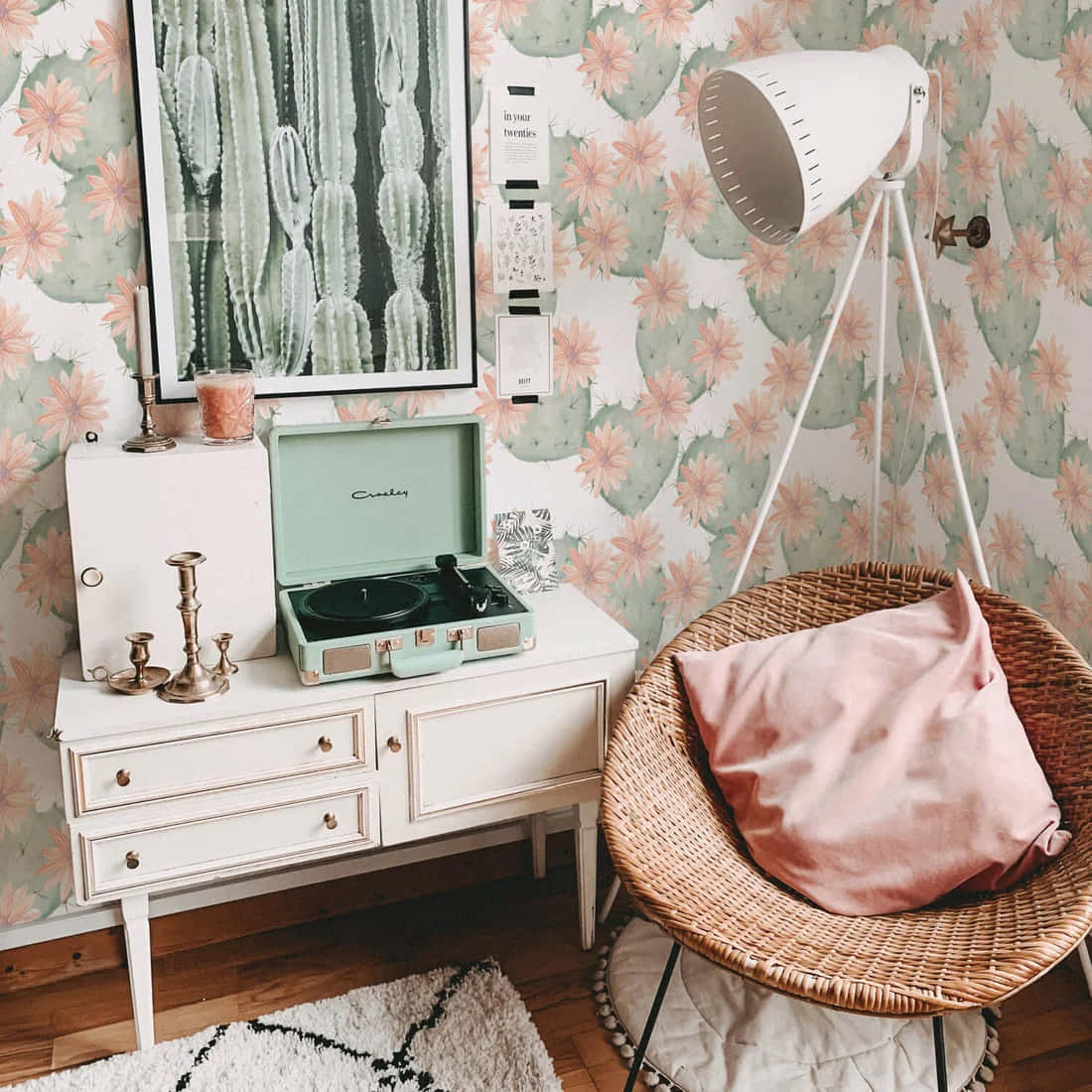 kawaii room, cactus-themed wallpaper, mint record player, SD Desktop Wallpaper