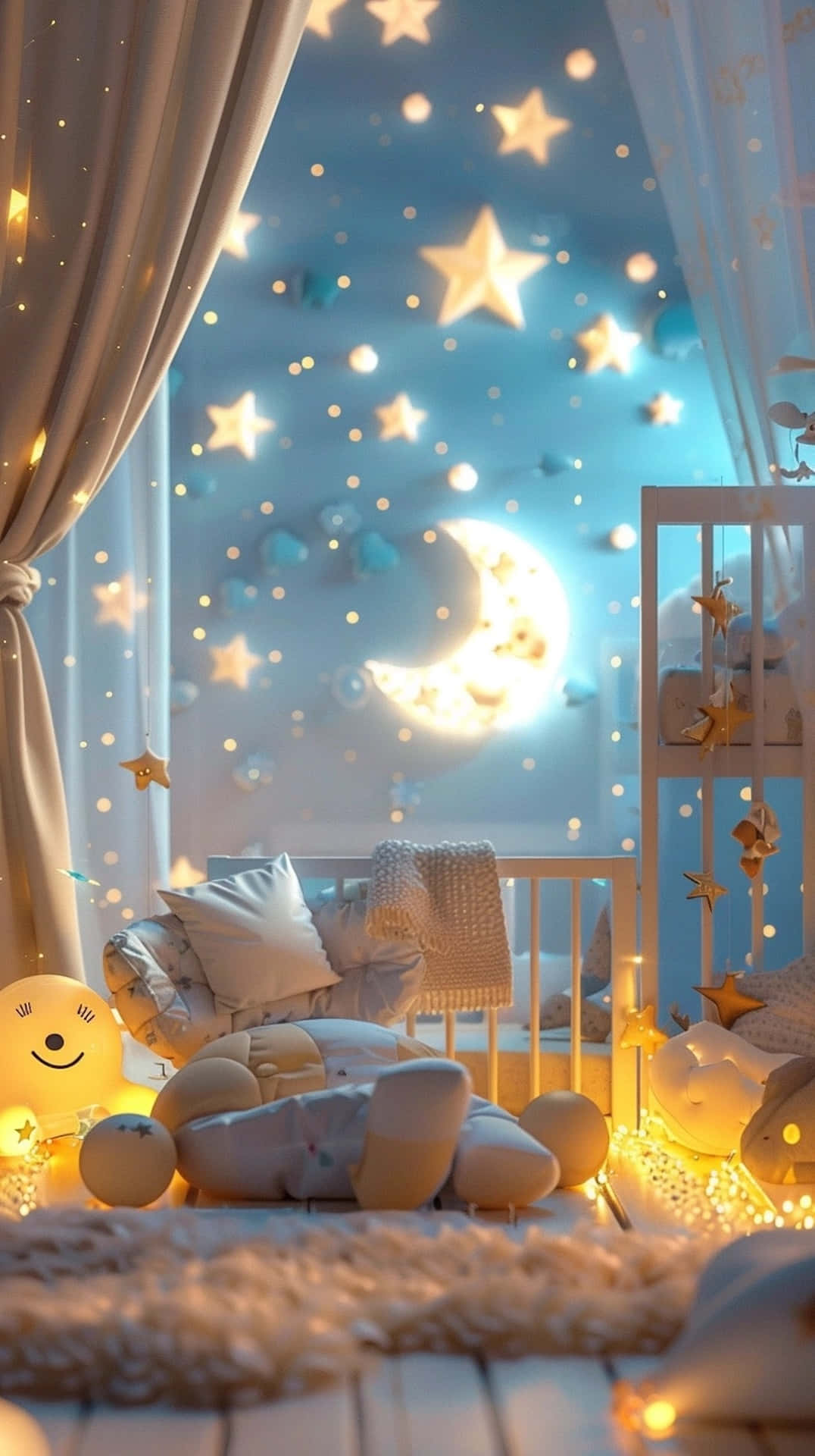 enchanted nursery room decor, starry moonlit sky, crib, Full HD Phone Wallpaper