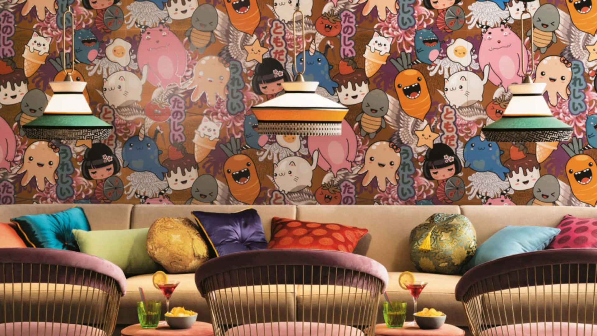 kawaii room, pastel aesthetic, smiling food characters, Full HD Desktop Wallpaper