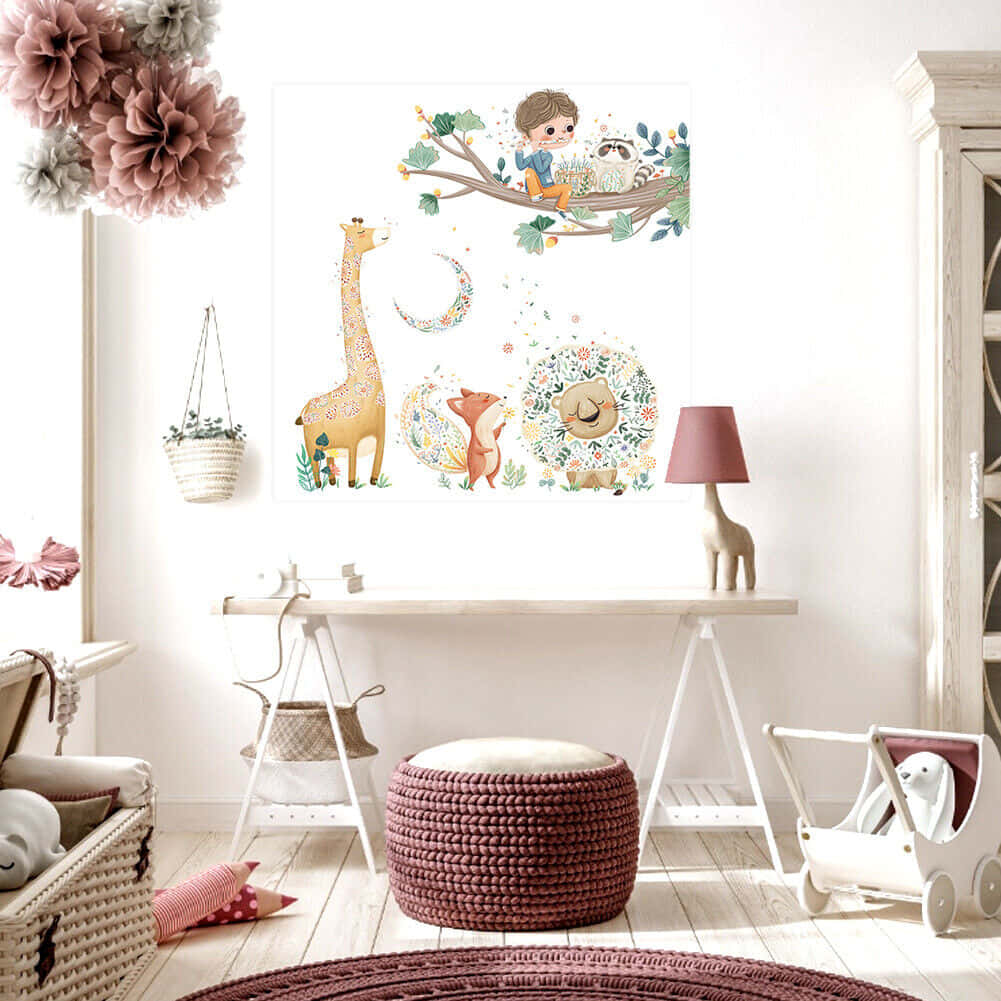 kawaii room, floral jungle scene, soft pink and beige decor, SD Desktop Wallpaper