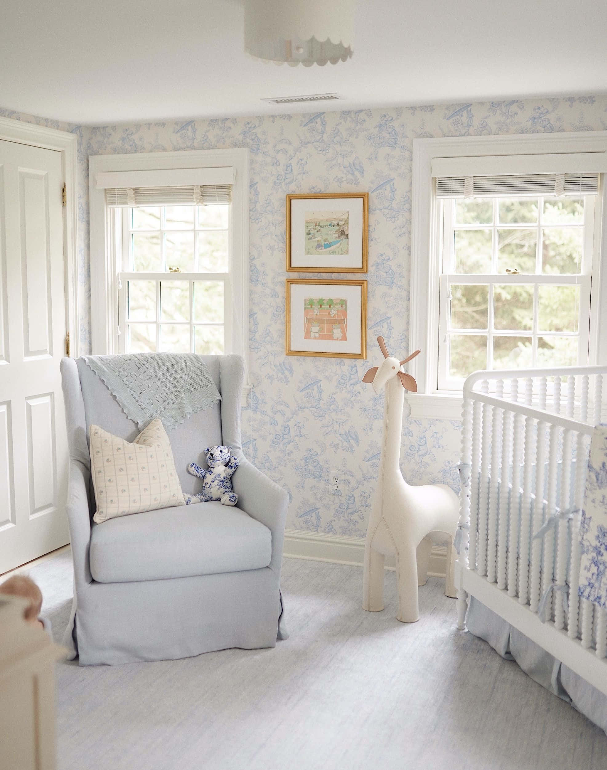 light blue floral wallpaper, gray armchair, white crib, Full HD Phone Wallpaper