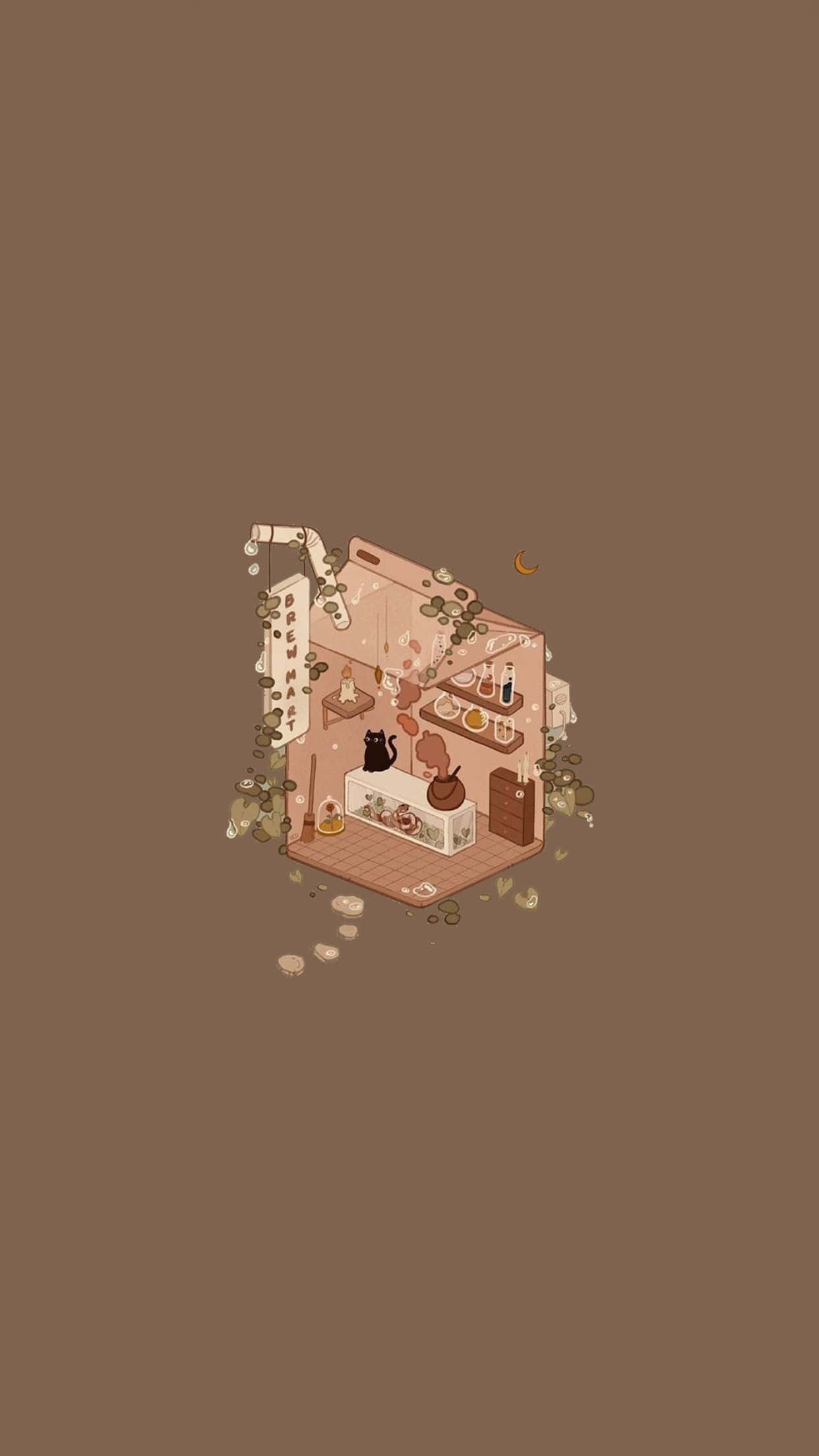 Cute Kawaii Juice Box House, black cat, shelves, Full HD Phone Wallpaper