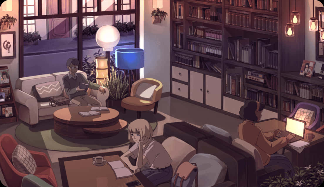 lo fi room, cozy living room, bookshelves, SD Desktop Wallpaper